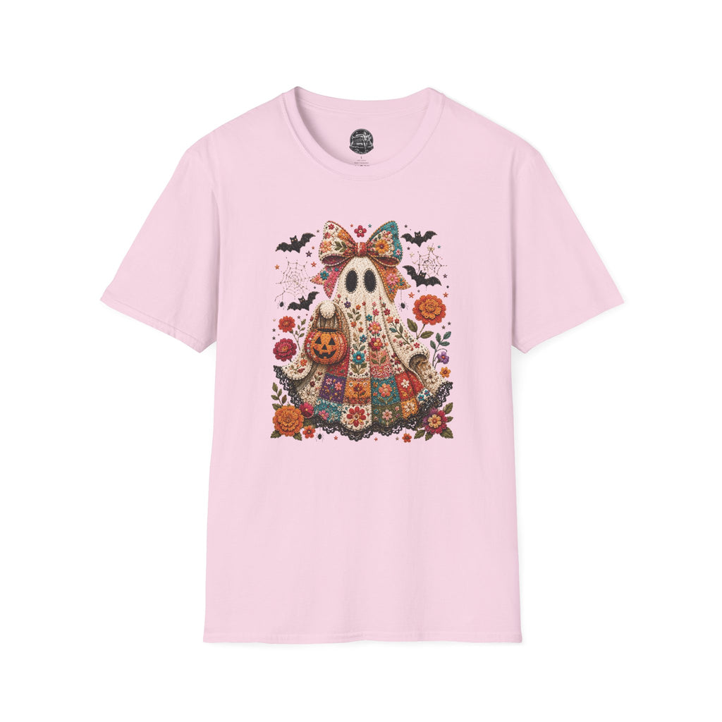 Patchwork Floral Ghost Halloween Shirt | Quilted Boho Ghost with Pumpkin and Bats