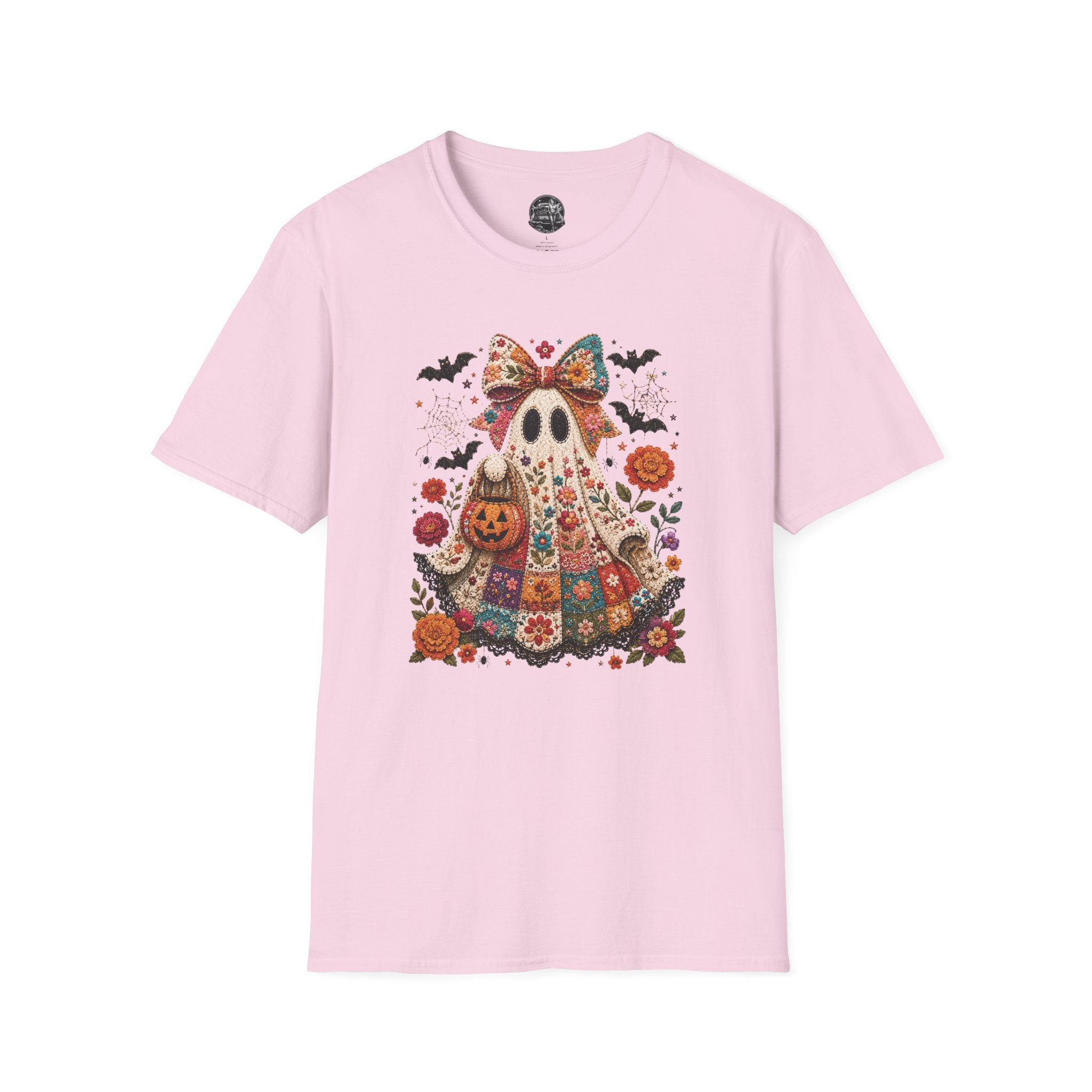 Patchwork Floral Ghost Halloween Shirt | Quilted Boho Ghost with Pumpkin and Bats