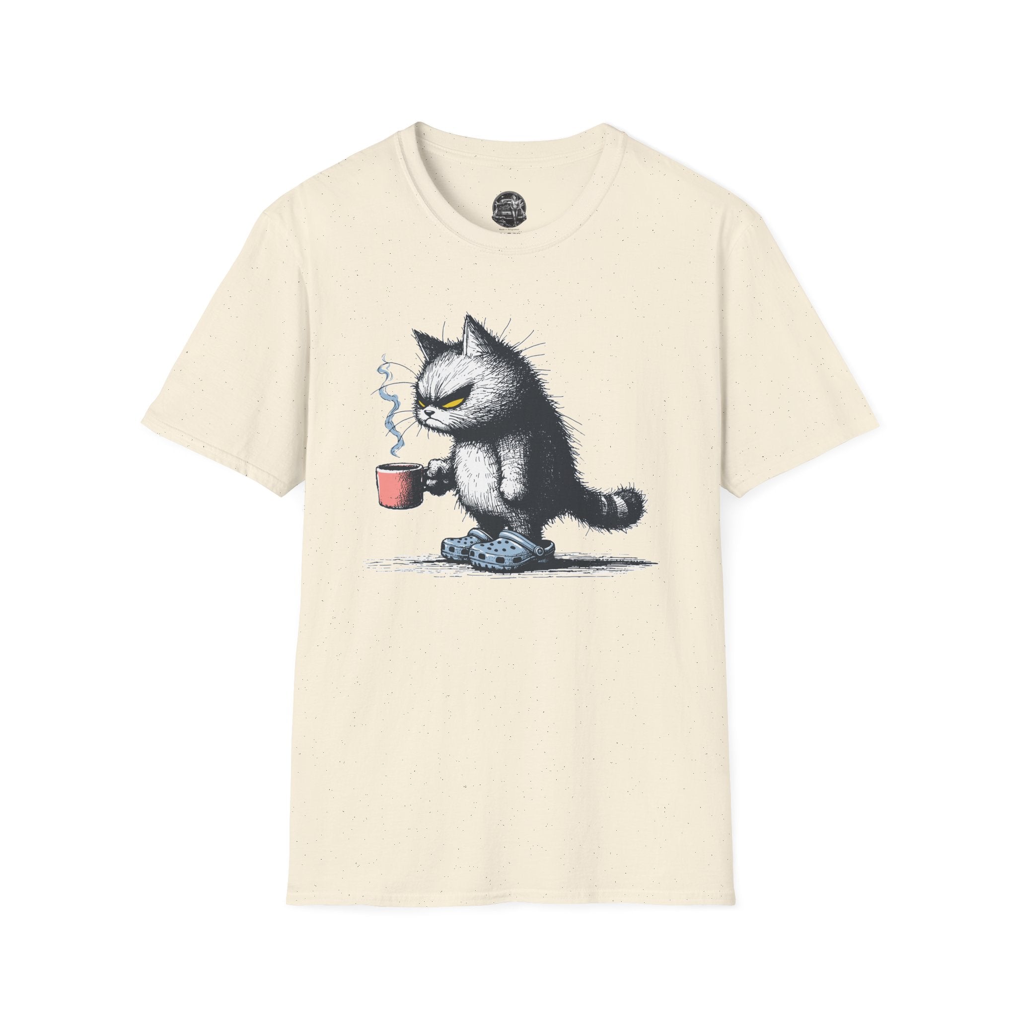 Cat Coffee T-Shirt — Grumpy Cat Holding Mug Illustration