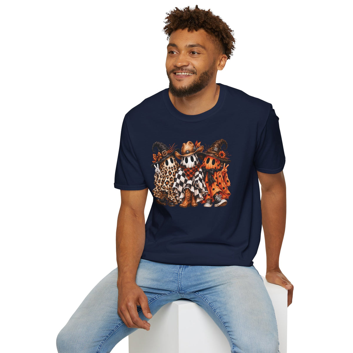 Halloween Pumpkin Crew T-Shirt — Leopard & Buffalo Plaid Spooky Friends