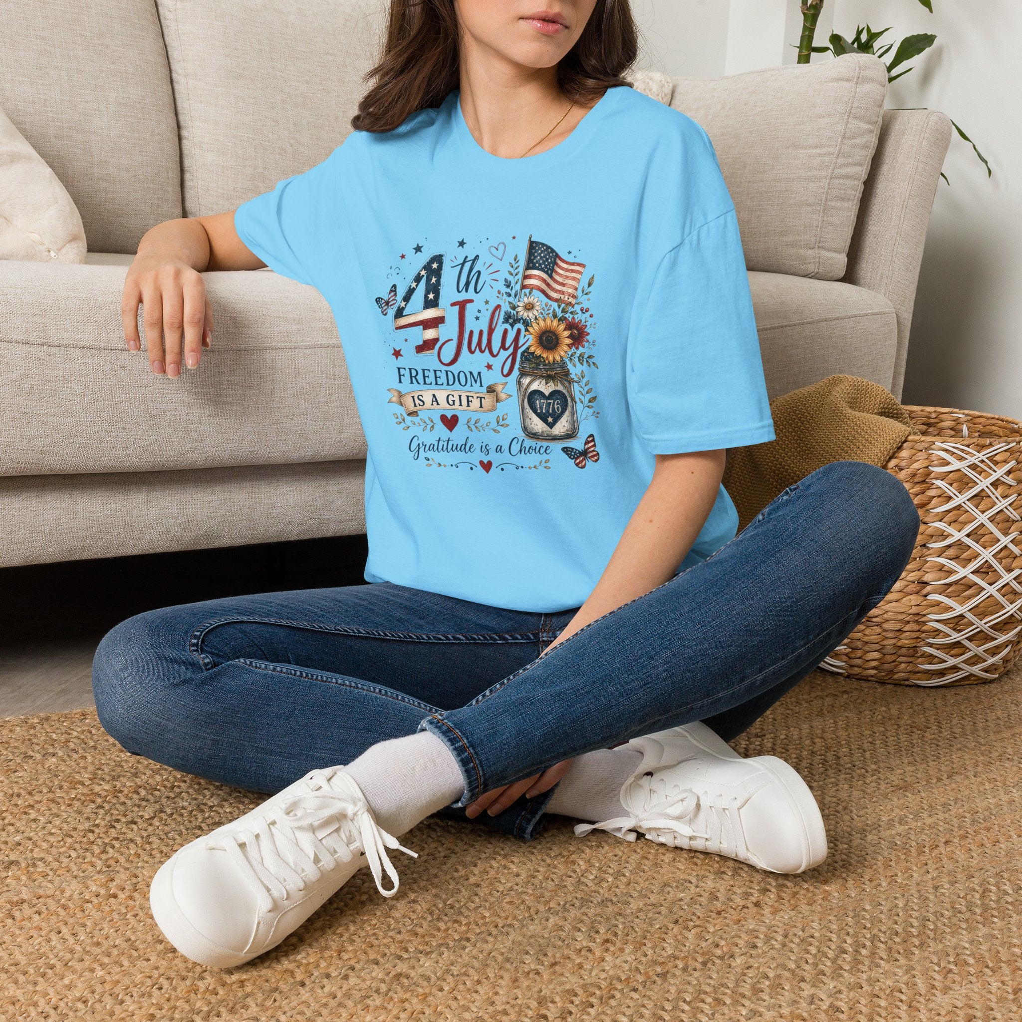 4th of July T-Shirt — "Freedom Is A Gift" Patriotic American Flag & Sunflower Tee