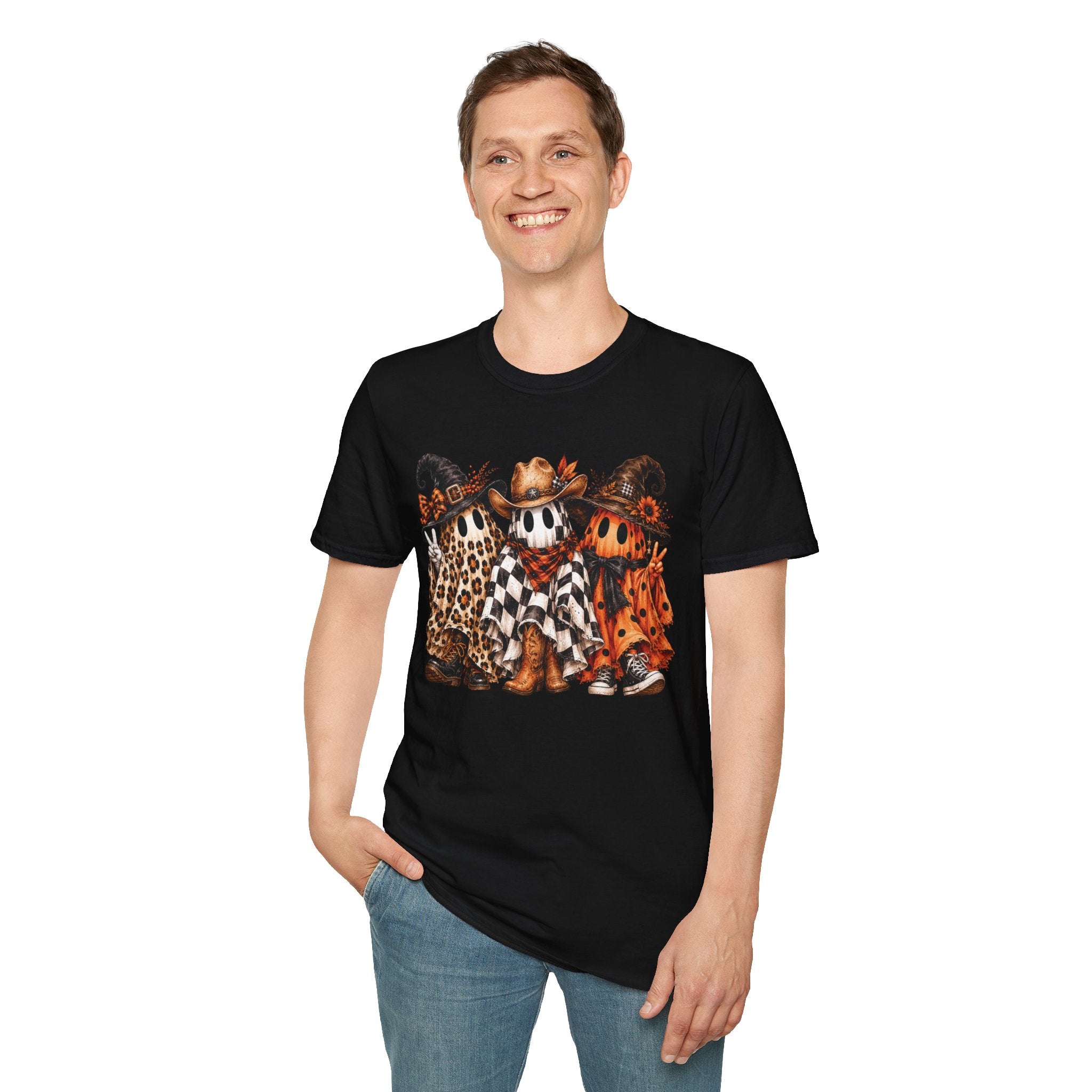 Halloween Pumpkin Crew T-Shirt — Leopard & Buffalo Plaid Spooky Friends