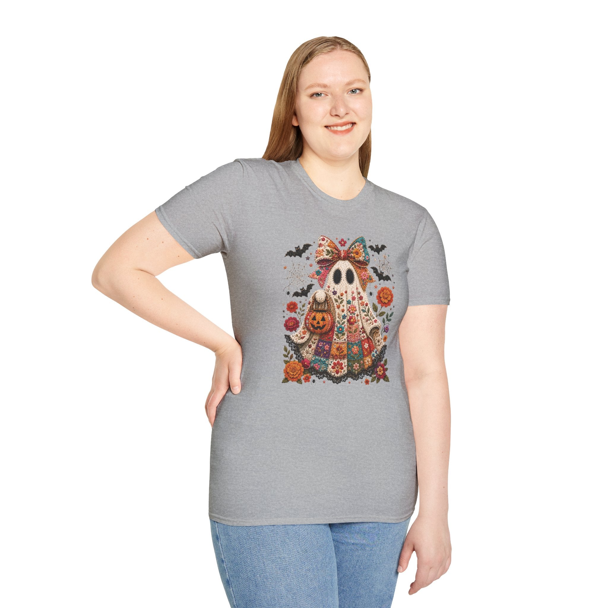 Patchwork Floral Ghost Halloween Shirt | Quilted Boho Ghost with Pumpkin and Bats