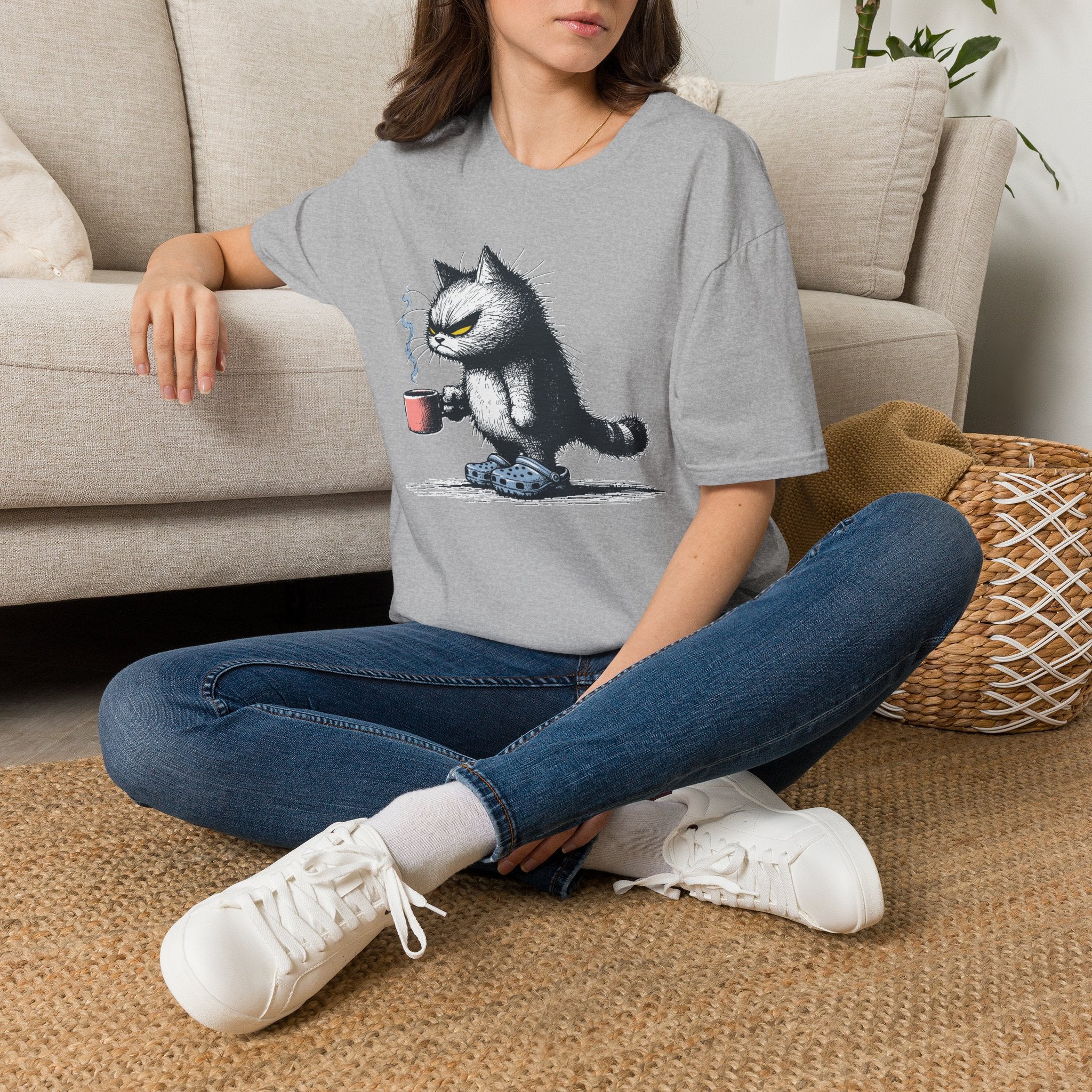 Cat Coffee T-Shirt — Grumpy Cat Holding Mug Illustration