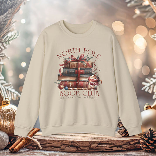 Crewneck Sweatshirt North Pole Book Club Hot Cocoa Christmas Design