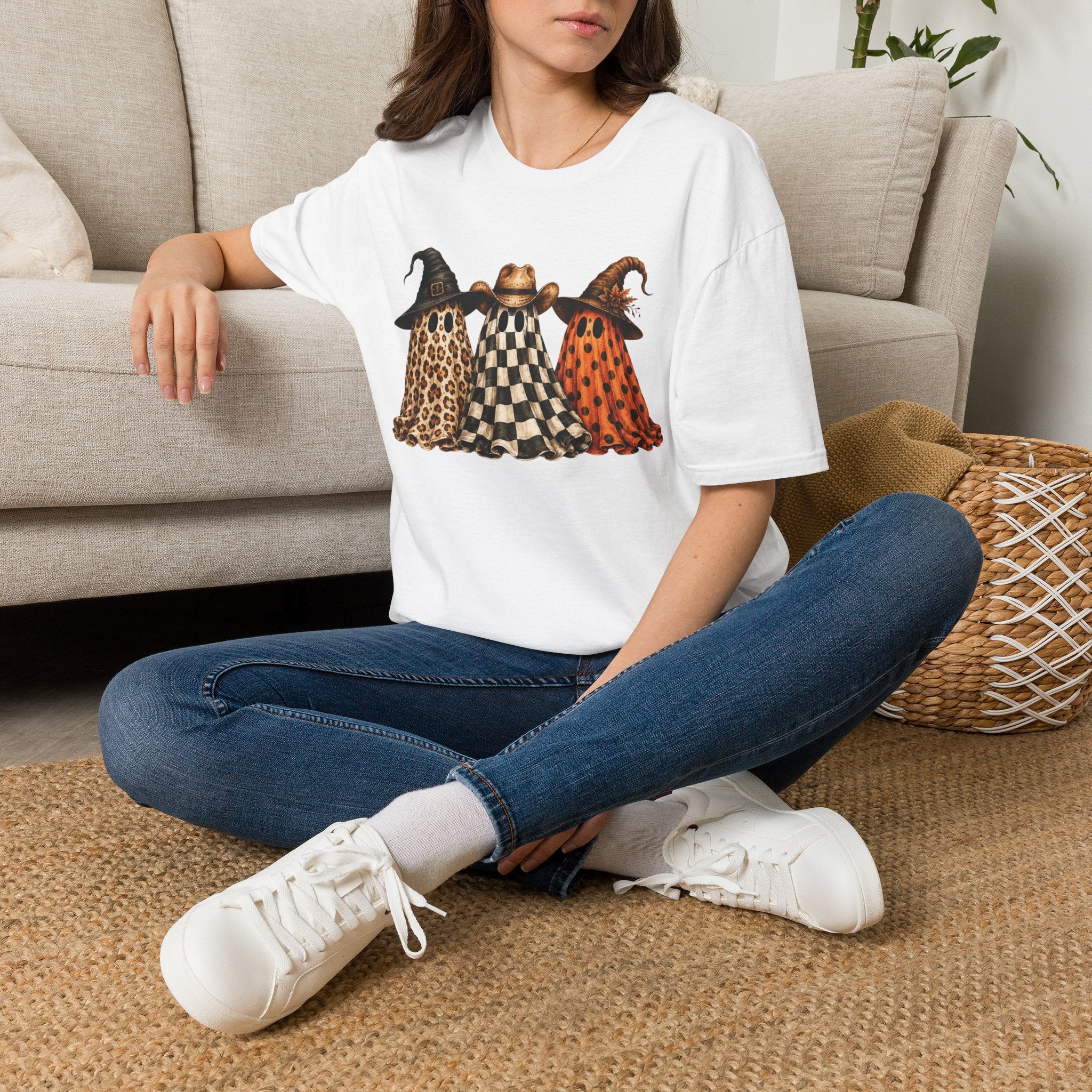 Halloween Ghost Trio T-Shirt — Leopard, Checker & Pumpkin Hat Design
