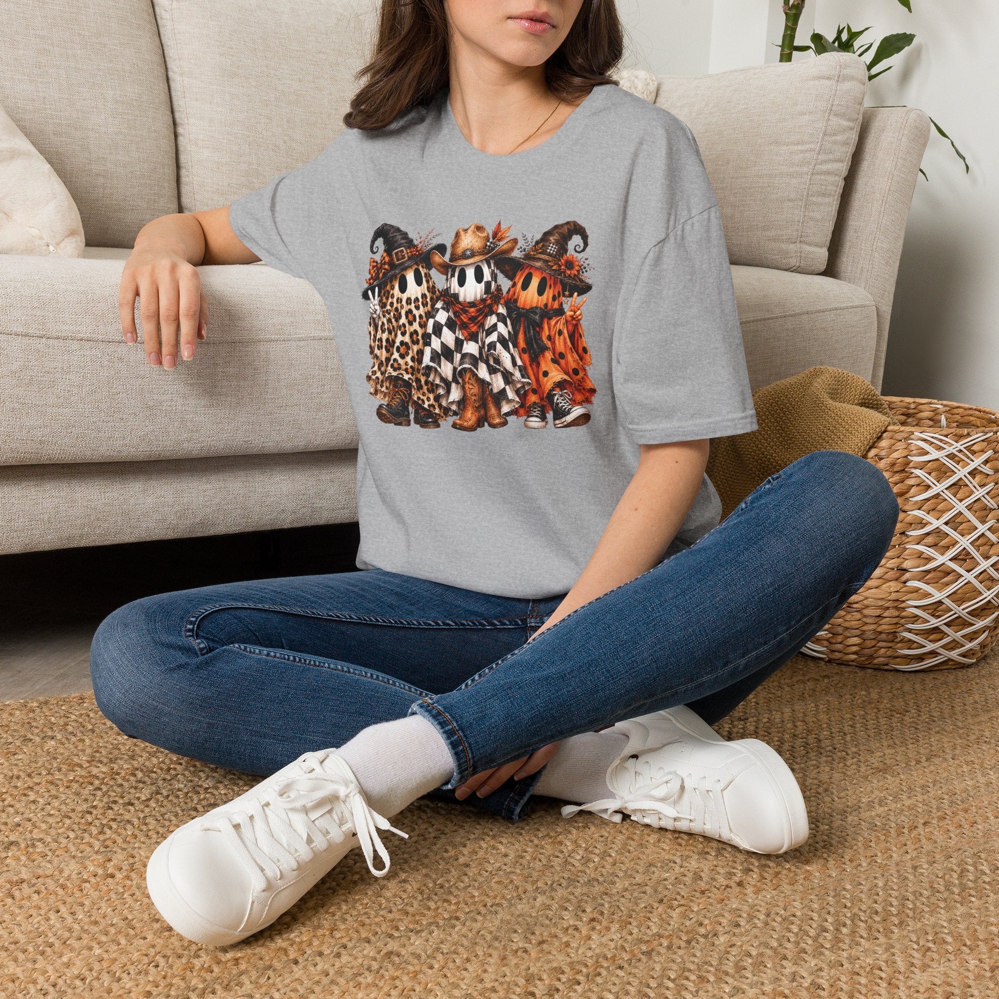 Halloween Pumpkin Crew T-Shirt — Leopard & Buffalo Plaid Spooky Friends