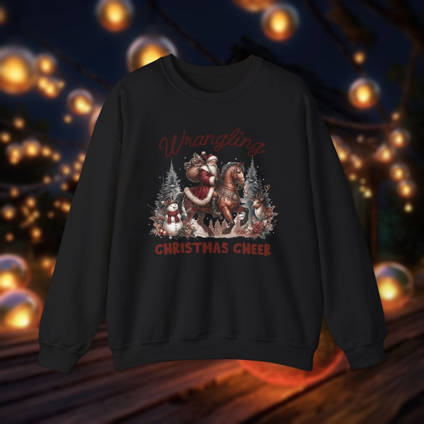 Christmas Western Sweatshirt with Santa on Horse and Snowman