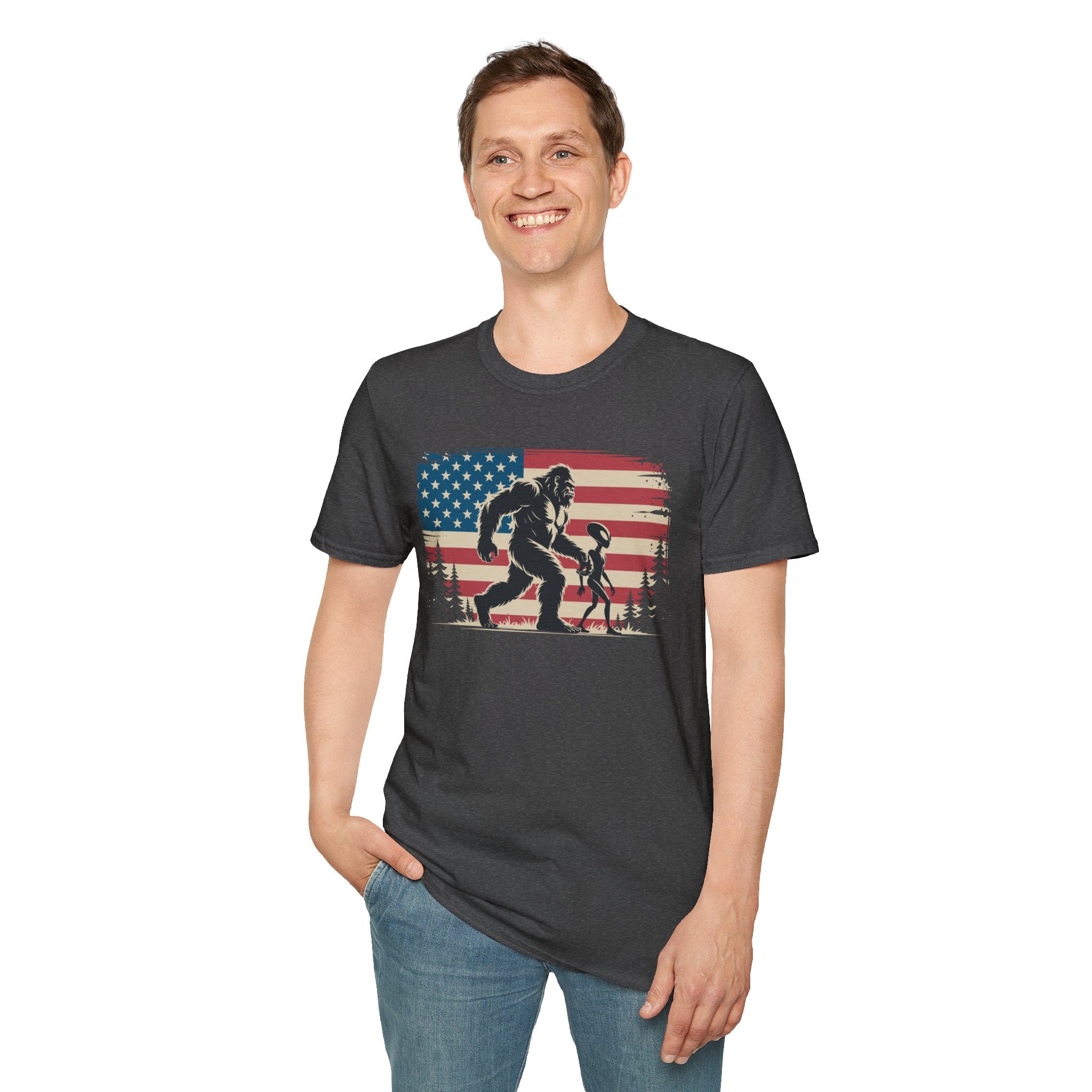 Bigfoot & Alien Patriotic T-Shirt — Distressed Flag Cryptid Design