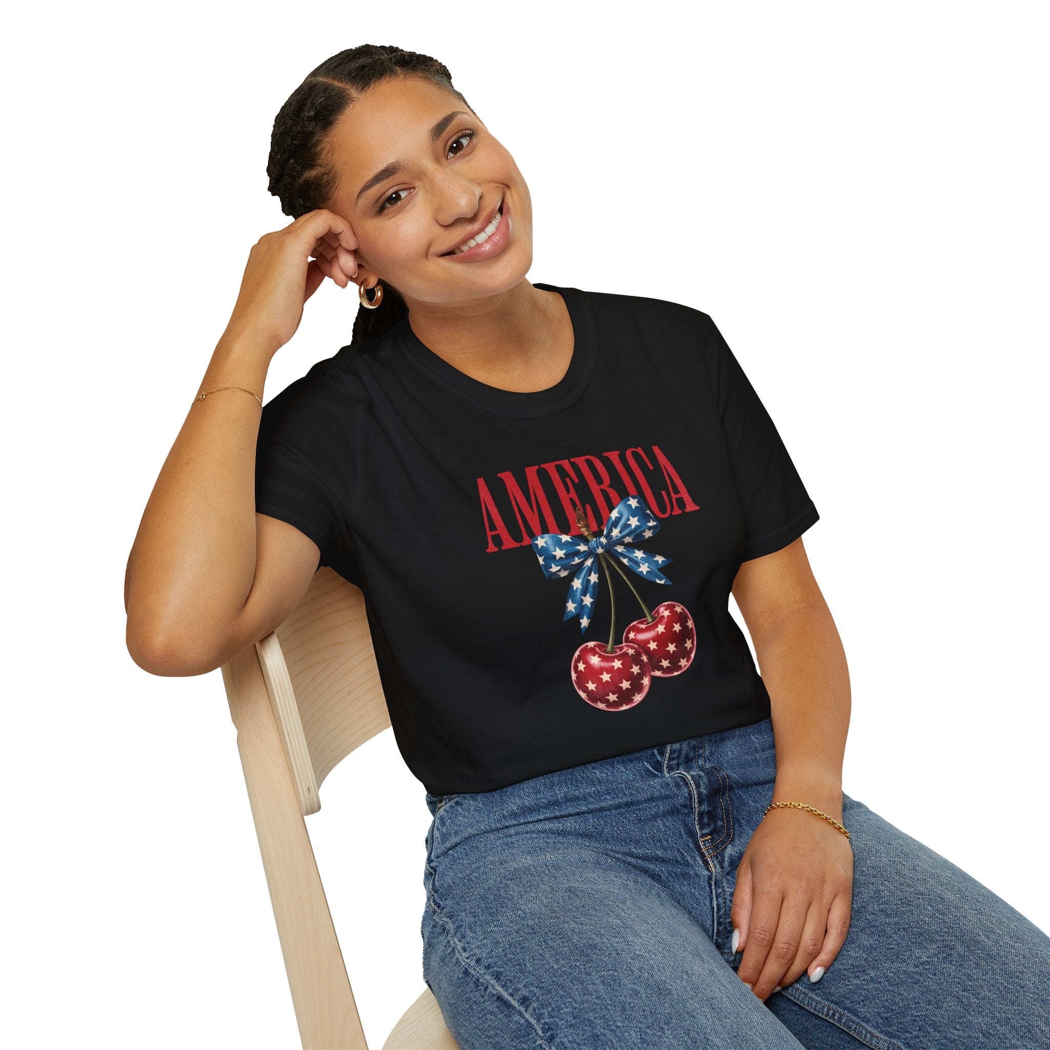 Patriotic Cherry T-Shirt — Glossy Stars & Vintage “AMERICA” Design
