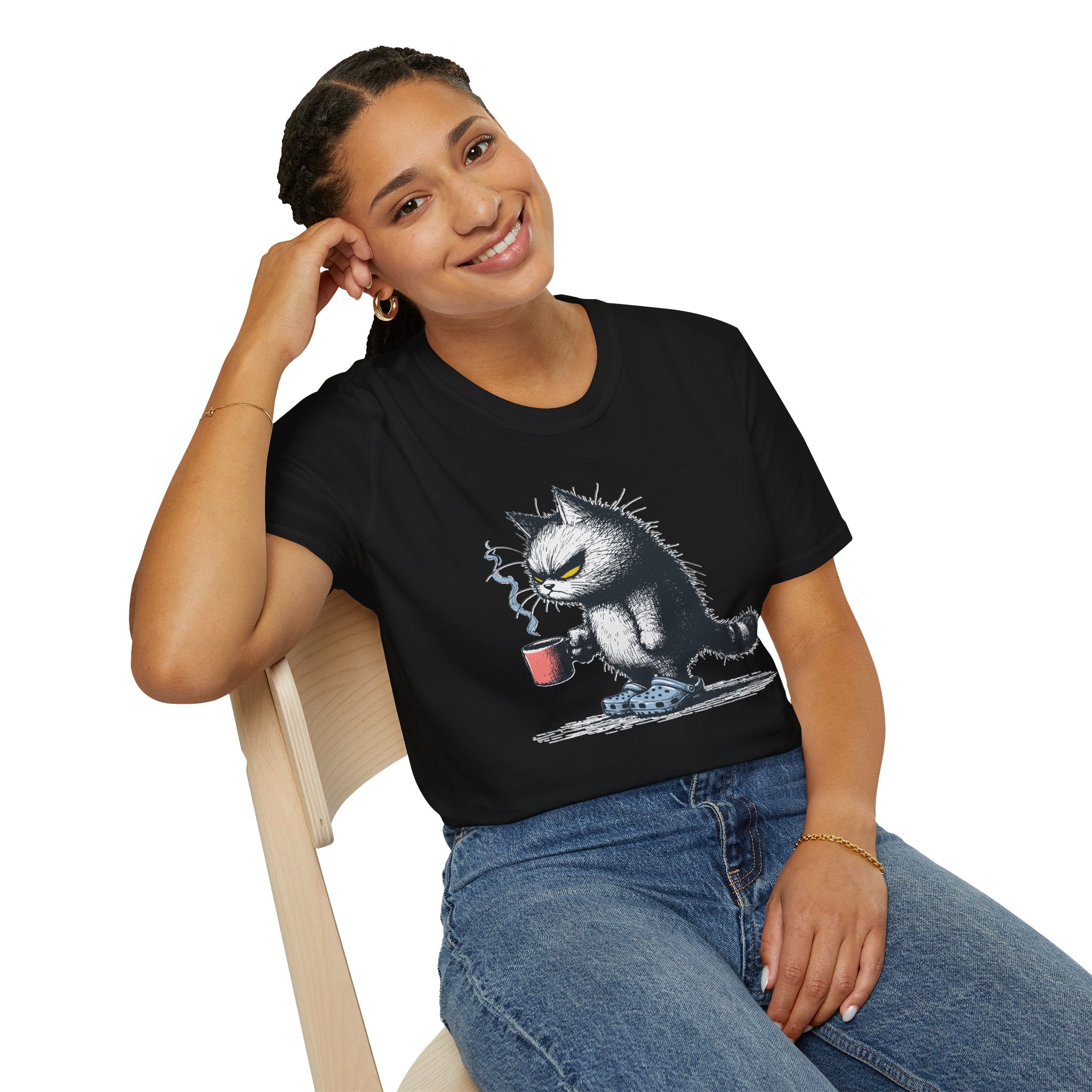 Cat Coffee T-Shirt — Grumpy Cat Holding Mug Illustration