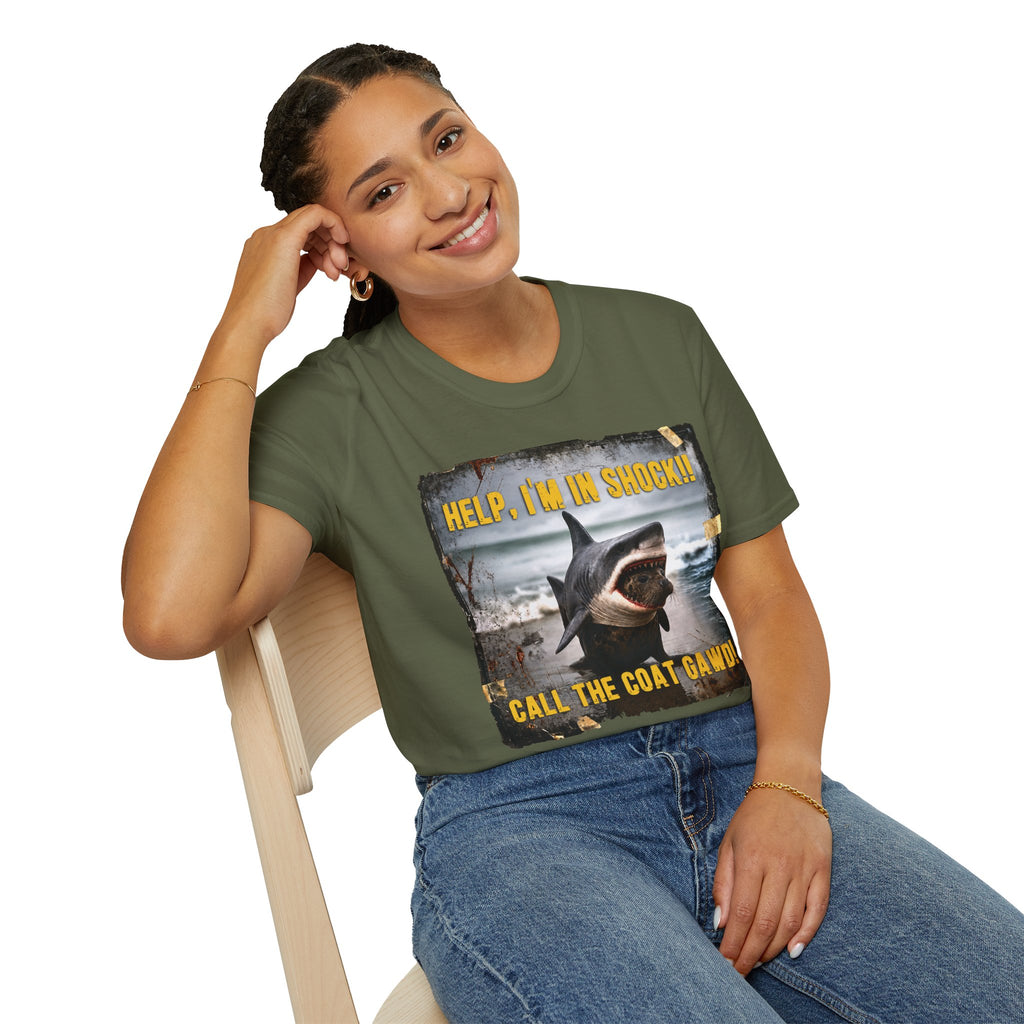 Shark Graphic T-Shirt — "Help, I'm in Shock!" Funny Beachwear