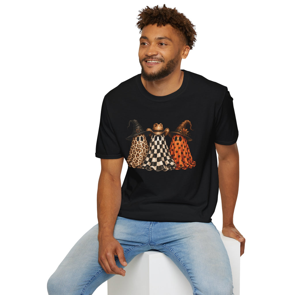 Halloween Ghost Trio T-Shirt — Leopard, Checker & Pumpkin Hat Design