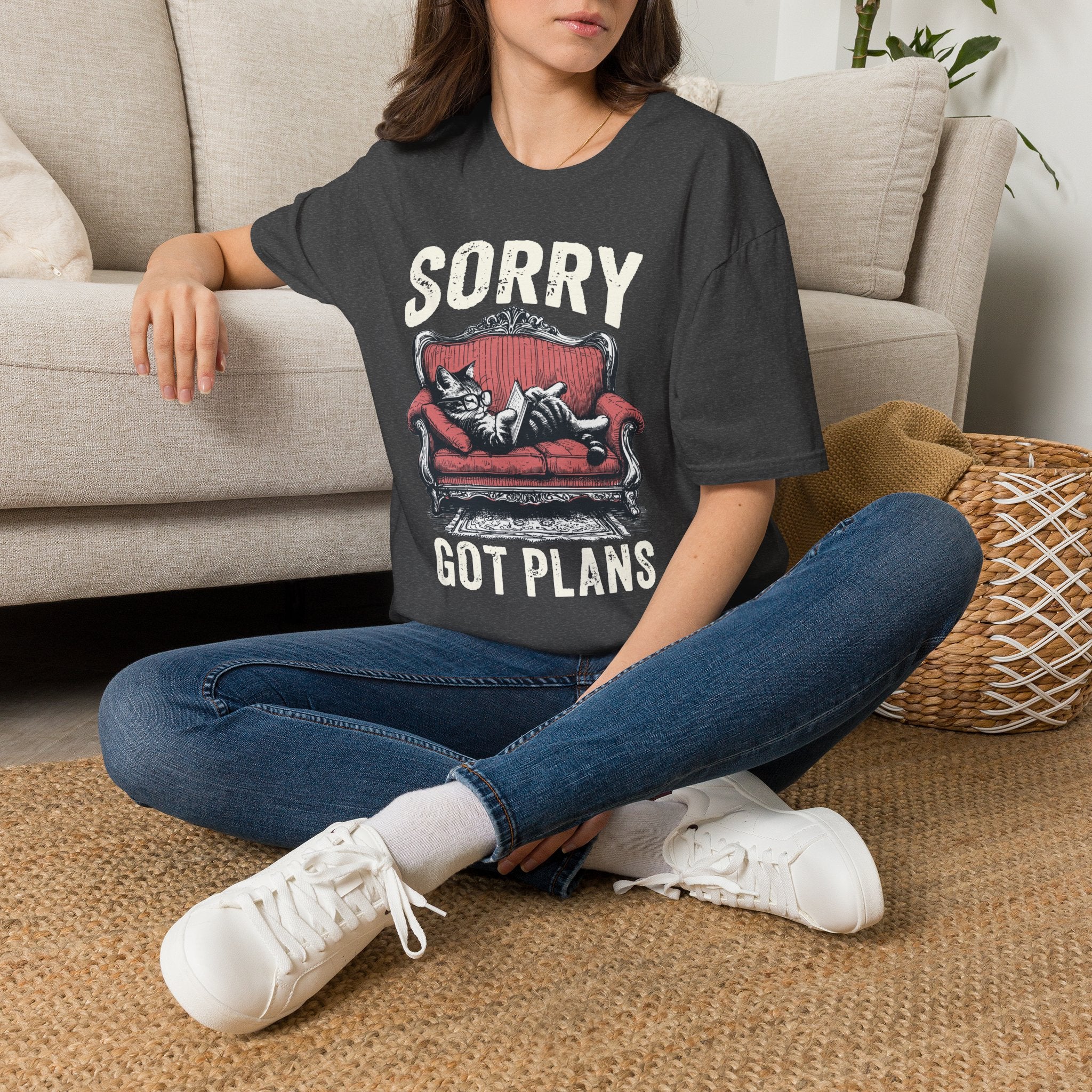 Sorry, Got Plans T‑Shirt — Cat on Couch Funny Lazy Day Tee