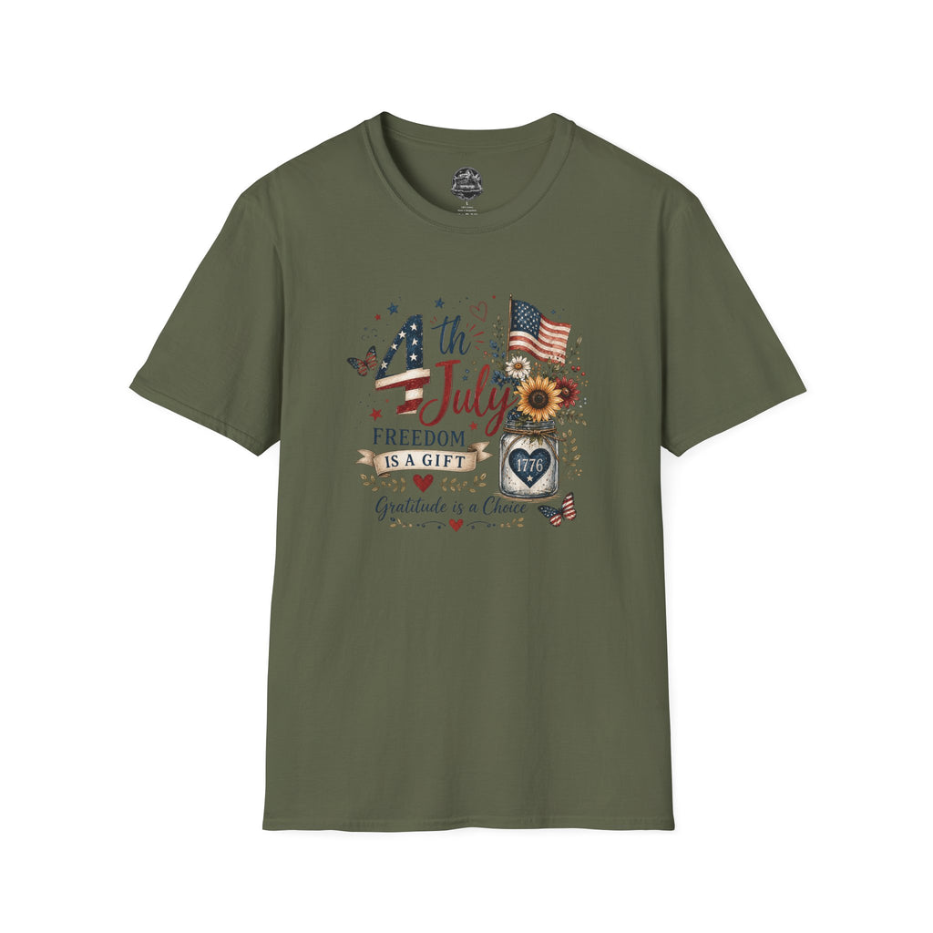 4th of July T-Shirt — "Freedom Is A Gift" Patriotic American Flag & Sunflower Tee