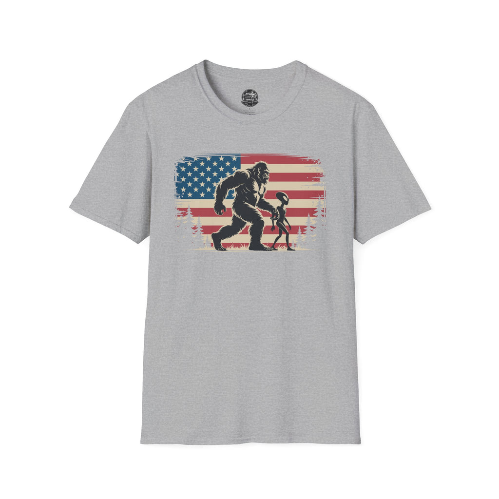 Bigfoot & Alien Patriotic T-Shirt — Distressed Flag Cryptid Design