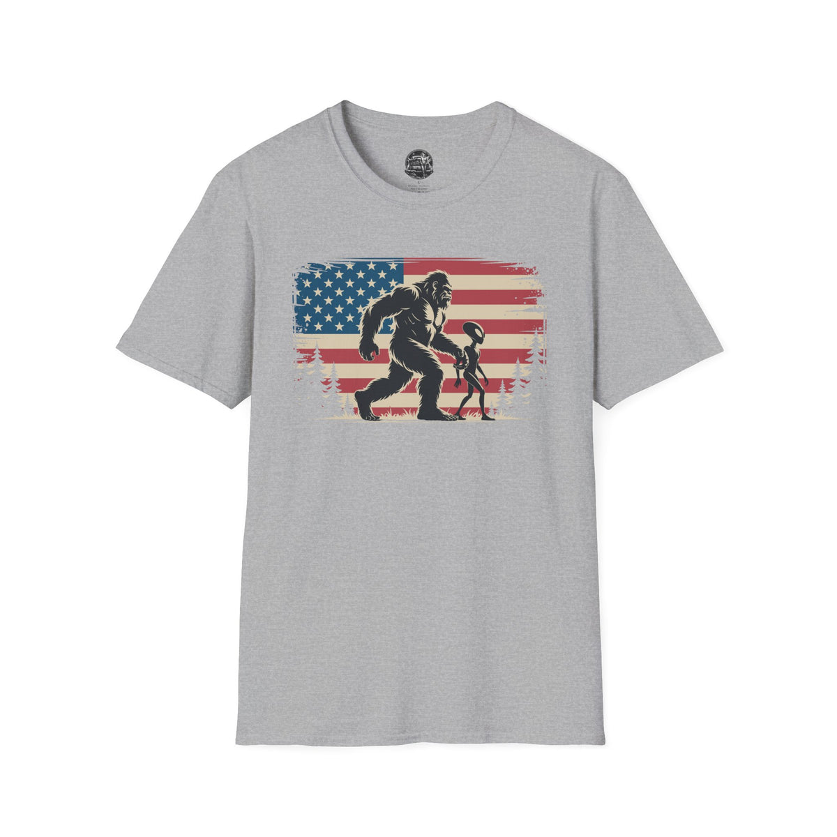 Bigfoot & Alien Patriotic T-Shirt — Distressed Flag Cryptid Design
