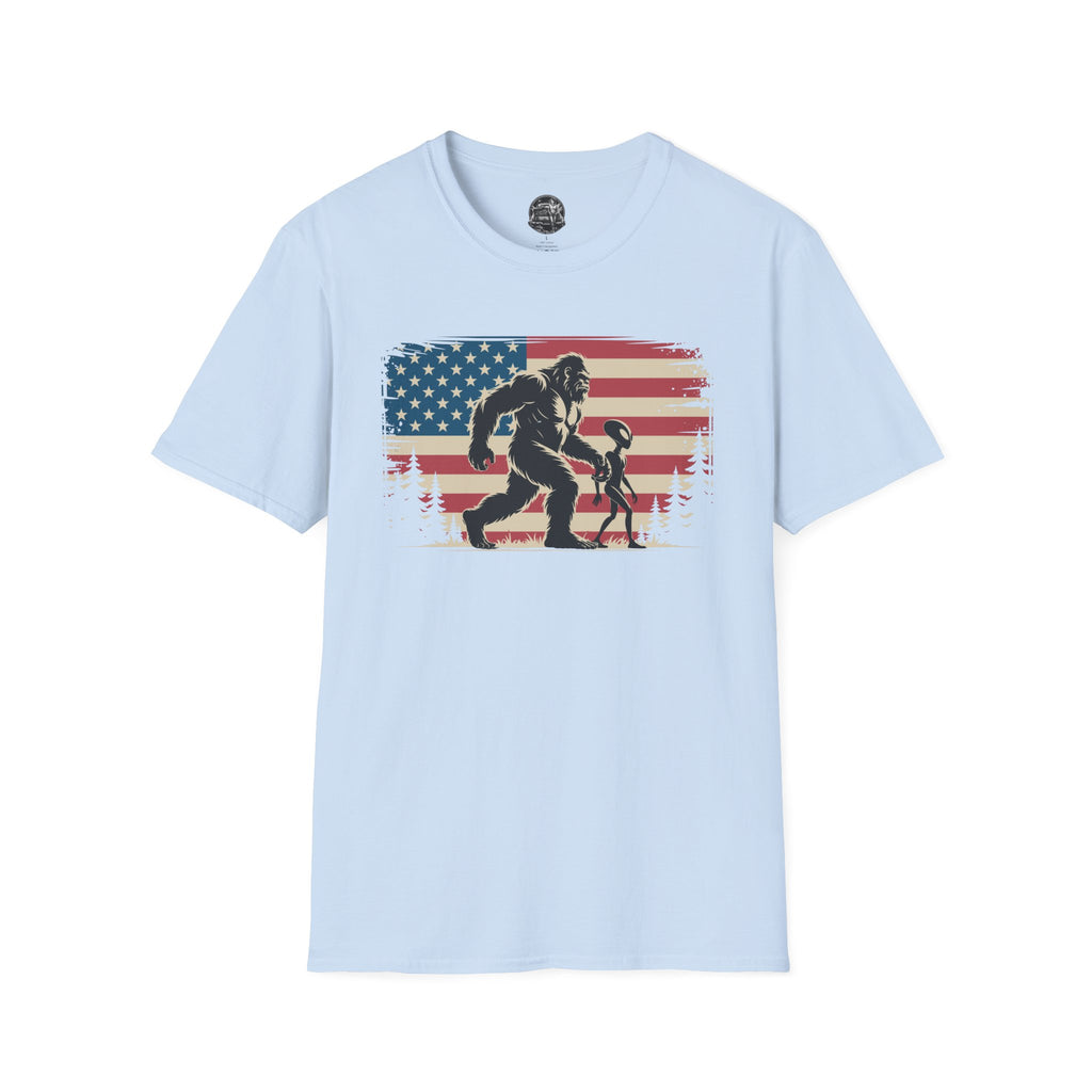 Bigfoot & Alien Patriotic T-Shirt — Distressed Flag Cryptid Design