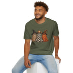 Halloween Ghost Trio T-Shirt — Leopard, Checker & Pumpkin Hat Design