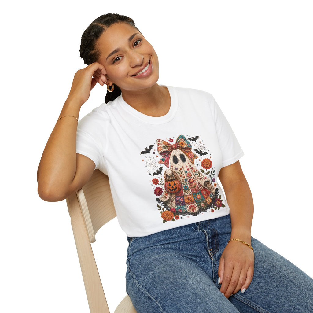 Patchwork Floral Ghost Halloween Shirt | Quilted Boho Ghost with Pumpkin and Bats