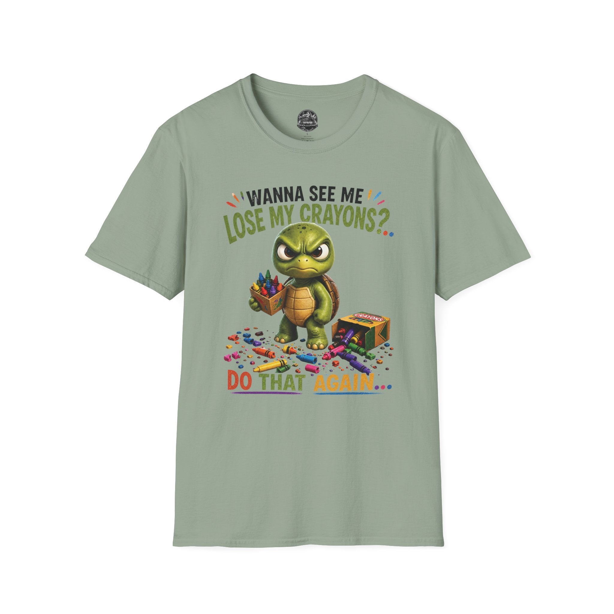Funny Angry Turtle T-Shirt — “Wanna See Me Lose My Crayons? Do That Again…” — Teacher & Art Lover Tee