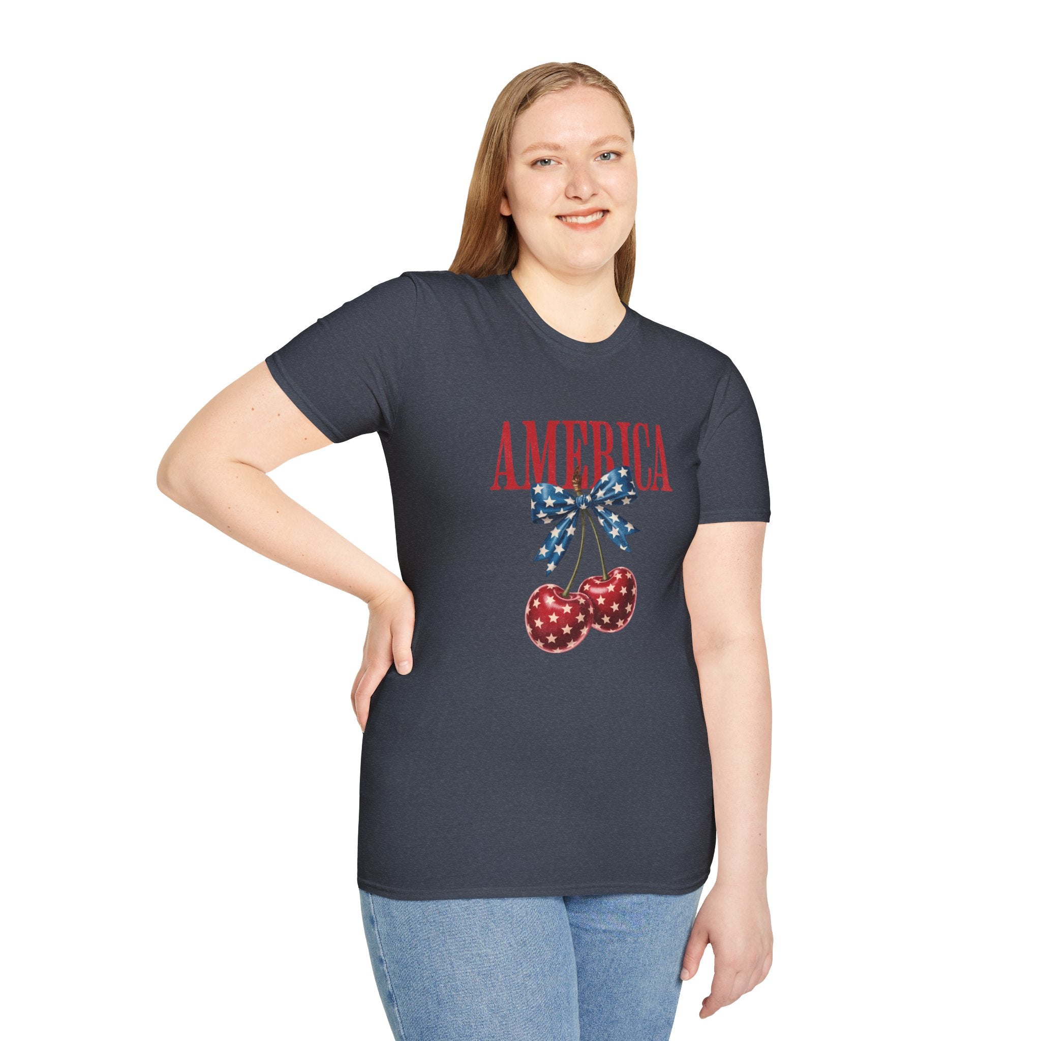 America Cherry Graphic T‑Shirt — Patriotic Stars & Stripes Bow Tee