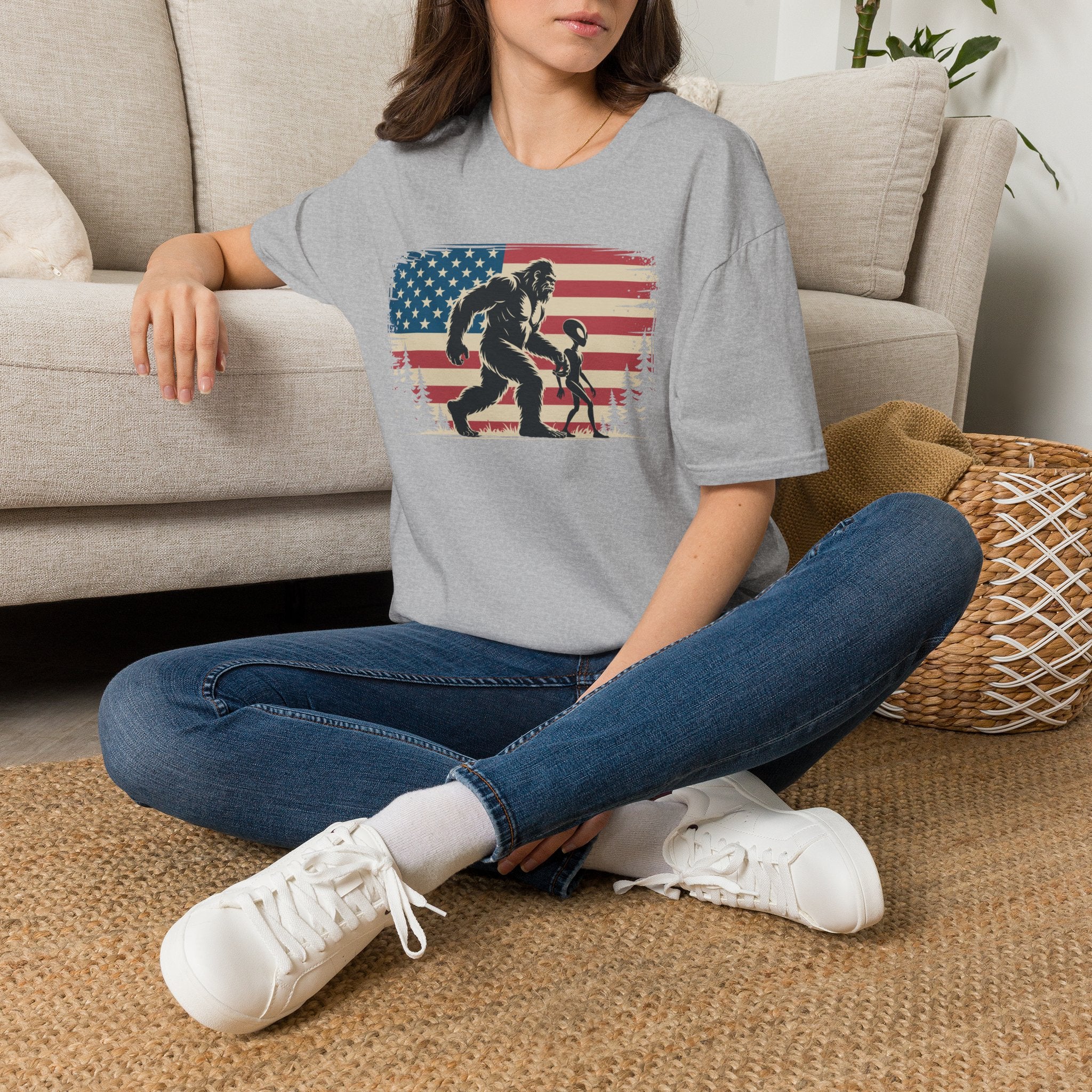 Bigfoot & Alien Patriotic T-Shirt — Distressed Flag Cryptid Design