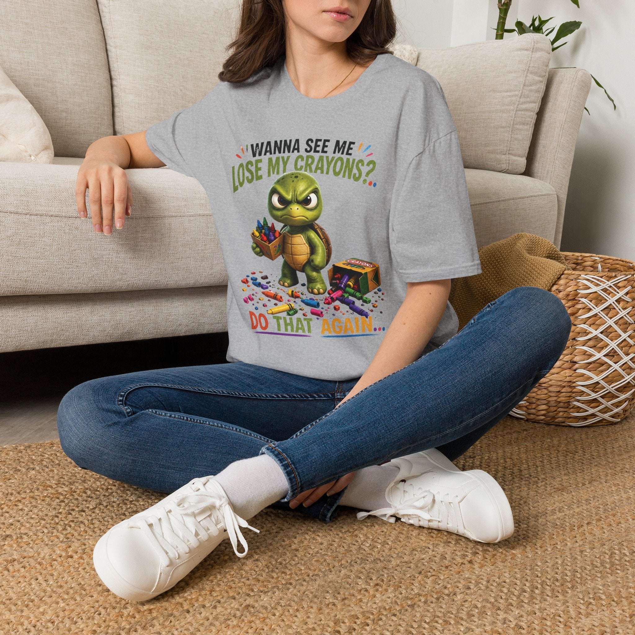 Funny Angry Turtle T-Shirt — “Wanna See Me Lose My Crayons? Do That Again…” — Teacher & Art Lover Tee