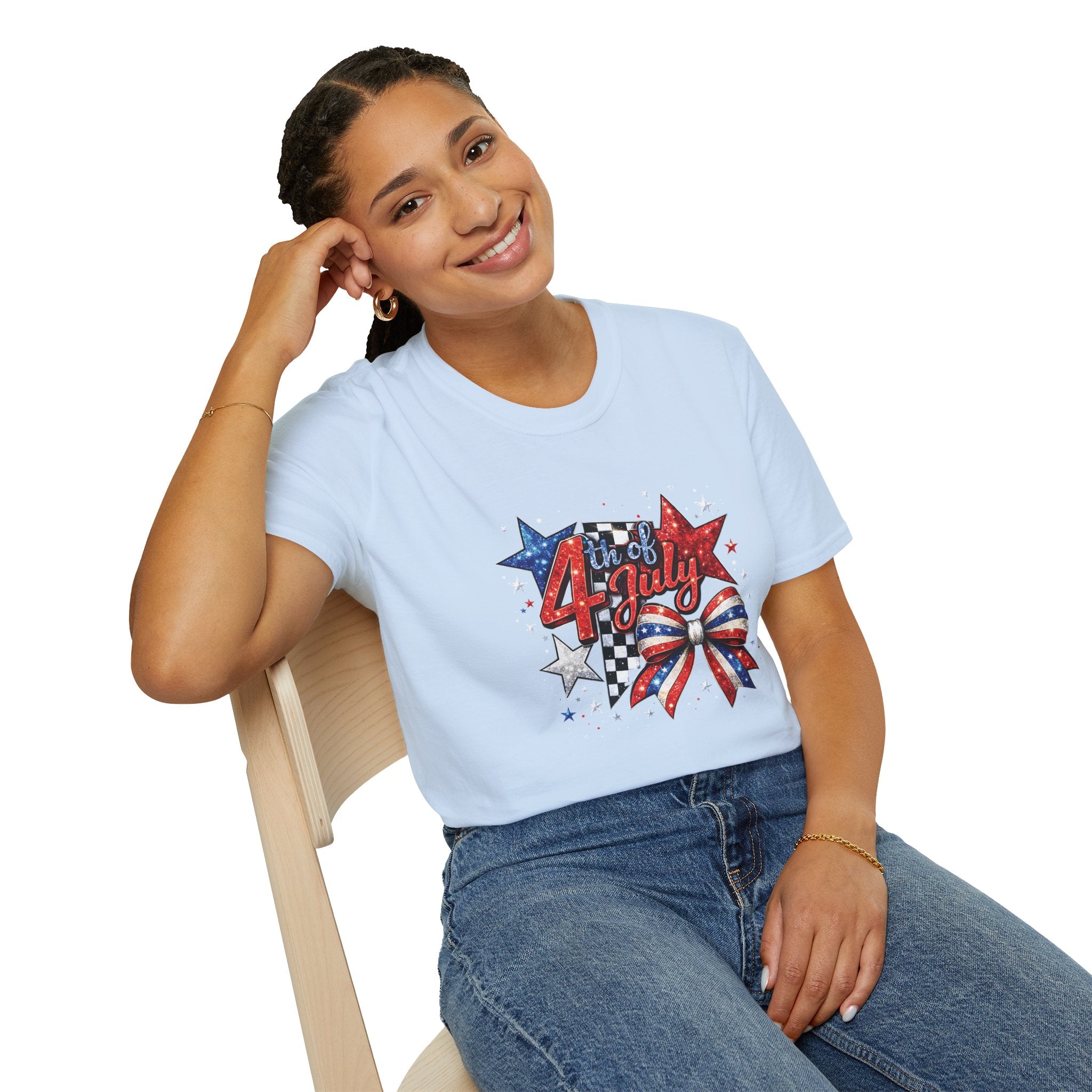 4th of July Patriotic T-Shirt – Red White Blue Stars & Bow Design