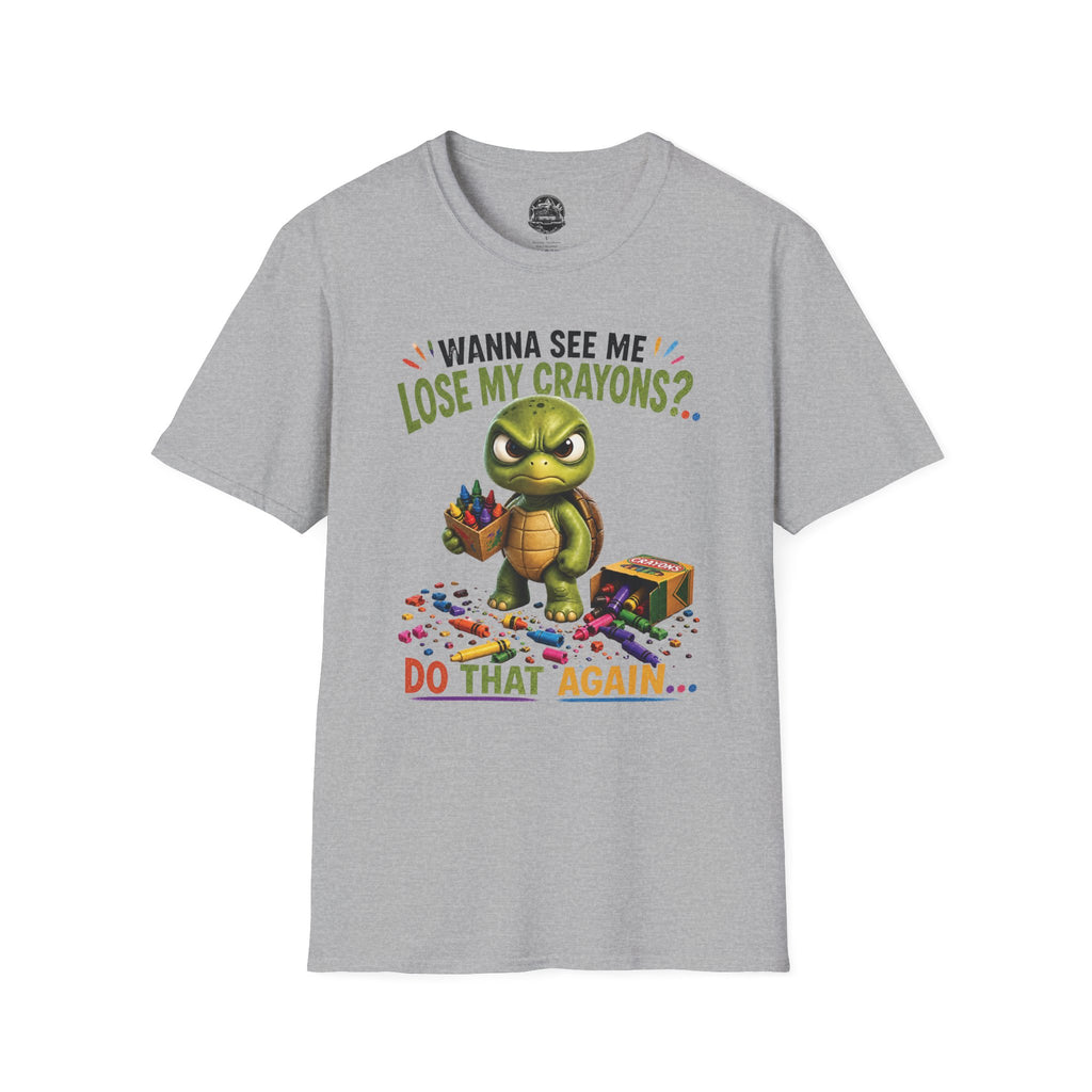 Funny Angry Turtle T-Shirt — “Wanna See Me Lose My Crayons? Do That Again…” — Teacher & Art Lover Tee