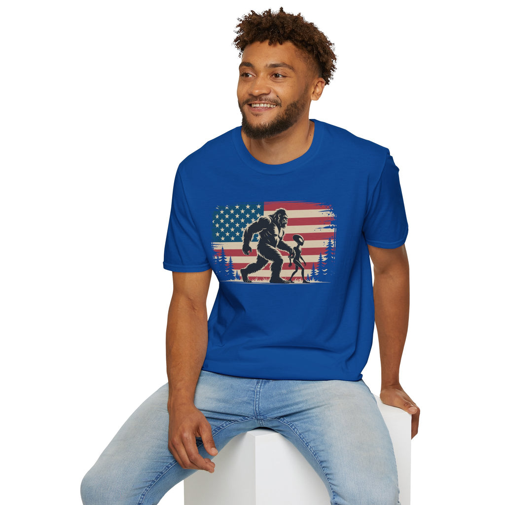 Bigfoot & Alien Patriotic T-Shirt — Distressed Flag Cryptid Design
