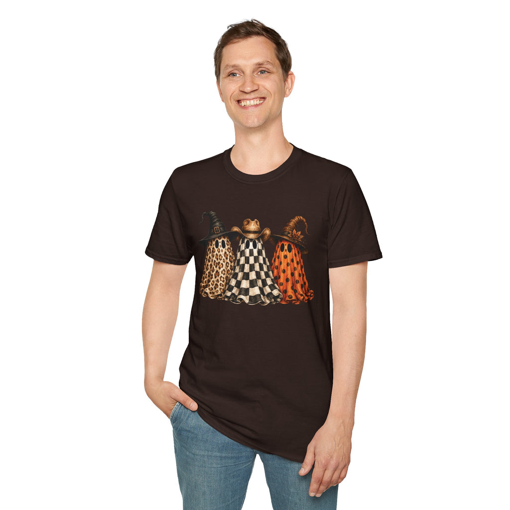 Halloween Ghost Trio T-Shirt — Leopard, Checker & Pumpkin Hat Design
