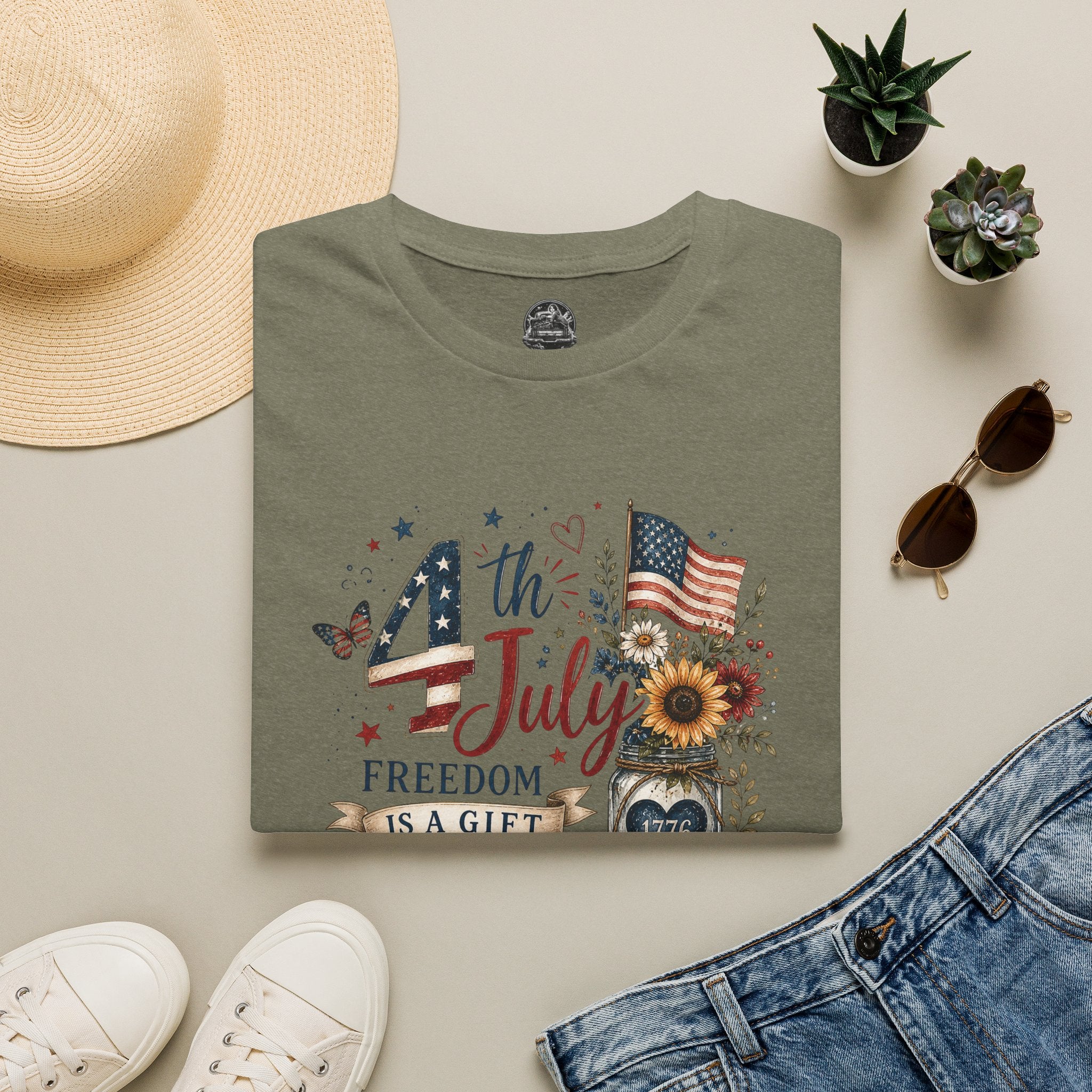 4th of July T-Shirt — "Freedom Is A Gift" Patriotic American Flag & Sunflower Tee