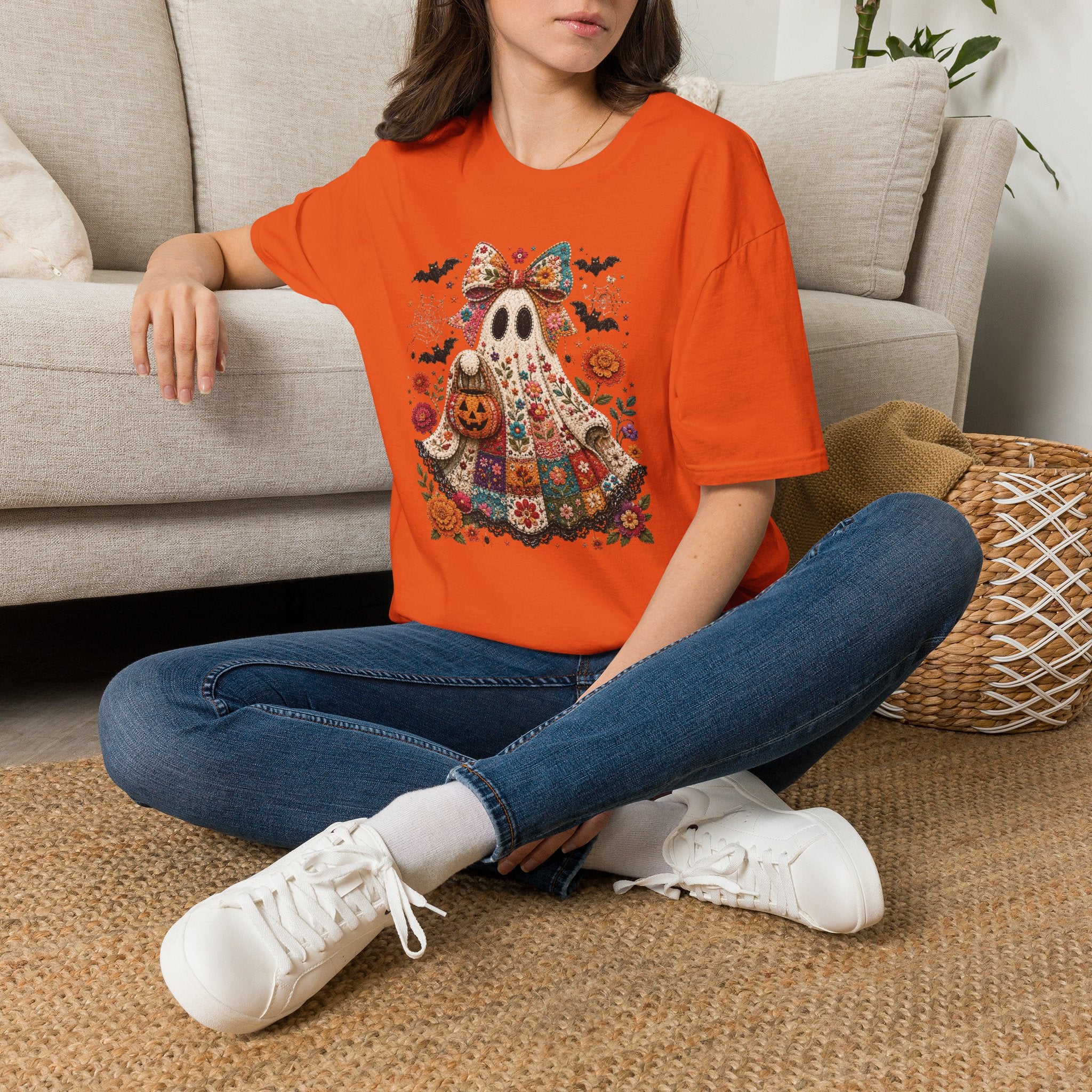 Patchwork Floral Ghost Halloween Shirt | Quilted Boho Ghost with Pumpkin and Bats