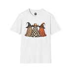 Halloween Ghost Trio T-Shirt — Leopard, Checker & Pumpkin Hat Design