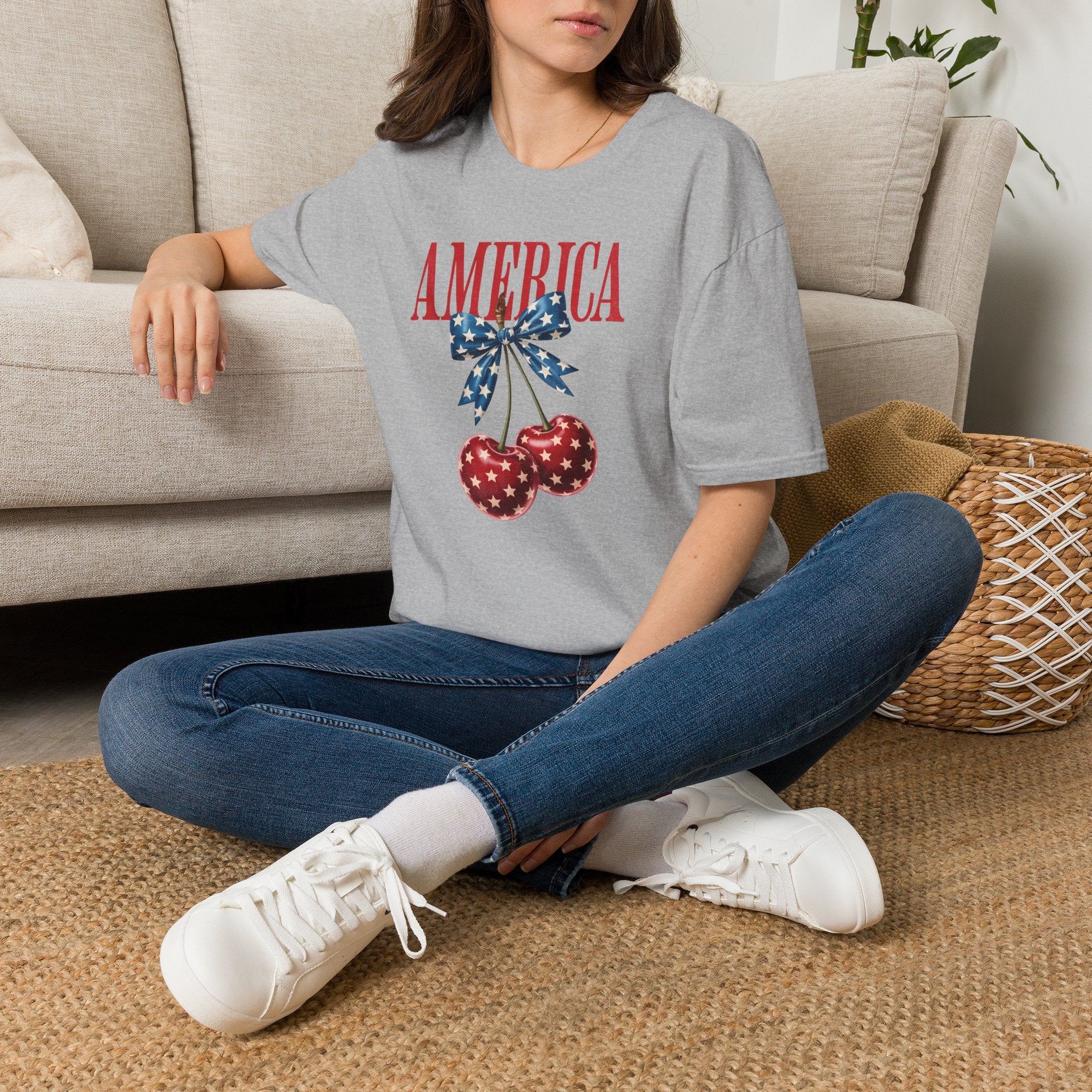 Patriotic Cherry T-Shirt — Glossy Stars & Vintage “AMERICA” Design