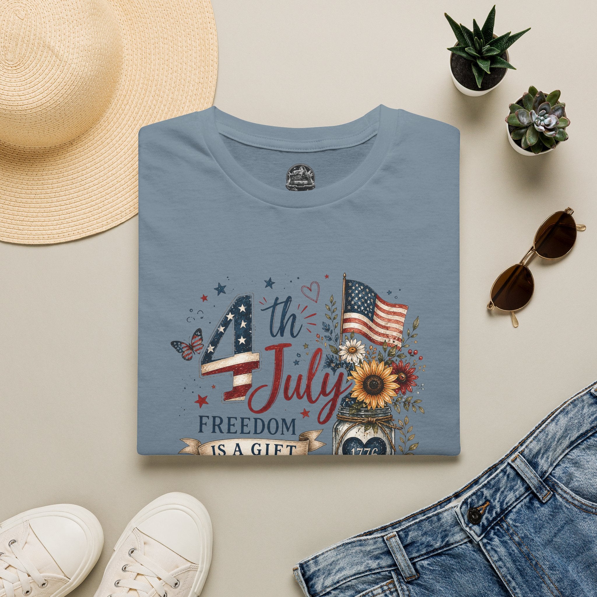 4th of July T-Shirt — "Freedom Is A Gift" Patriotic American Flag & Sunflower Tee