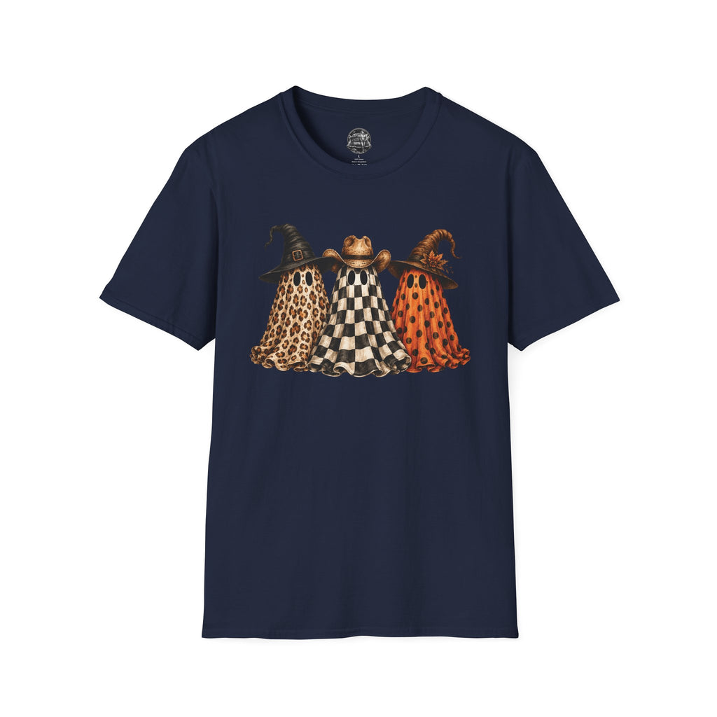 Halloween Ghost Trio T-Shirt — Leopard, Checker & Pumpkin Hat Design