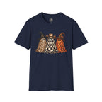 Halloween Ghost Trio T-Shirt — Leopard, Checker & Pumpkin Hat Design