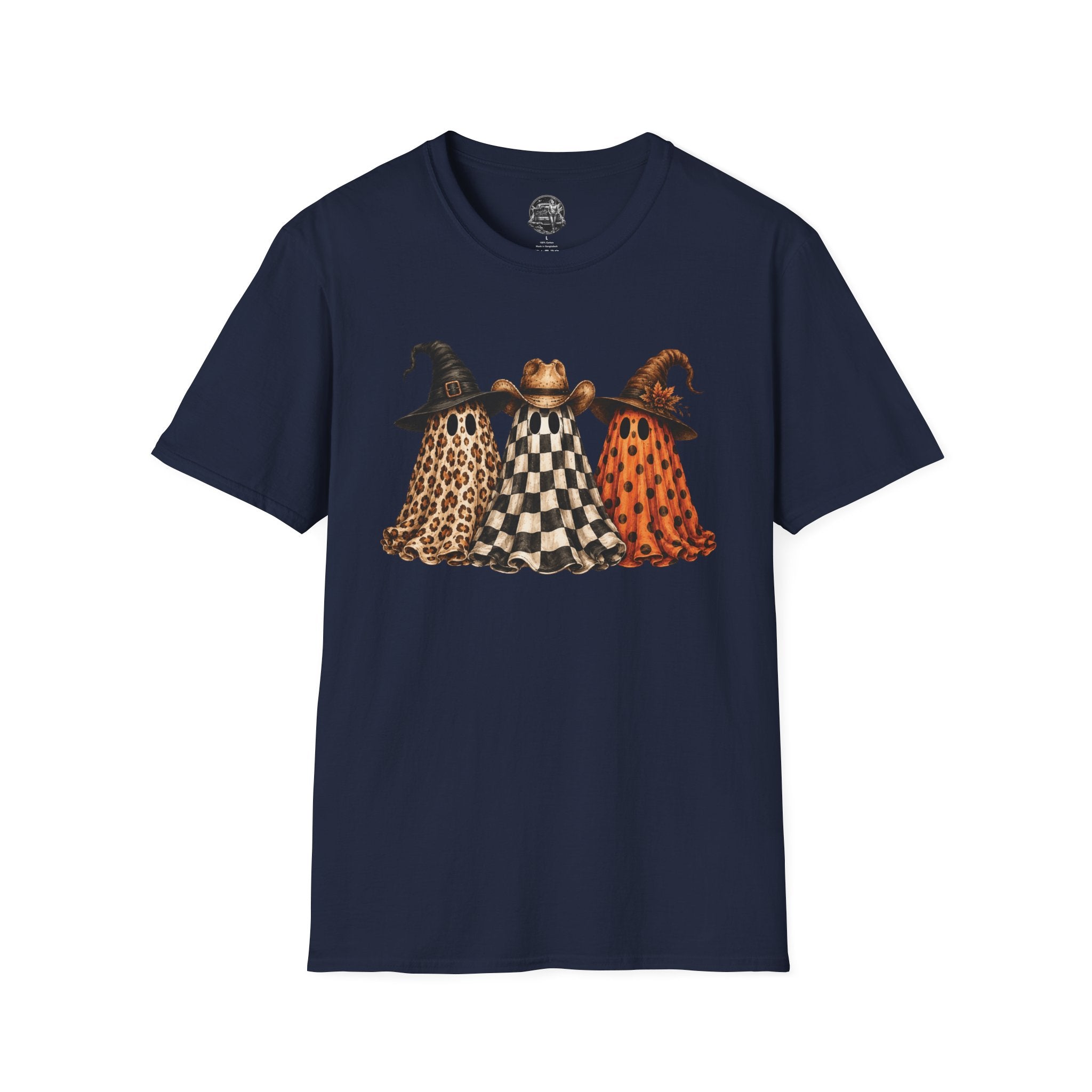 Halloween Ghost Trio T-Shirt — Leopard, Checker & Pumpkin Hat Design