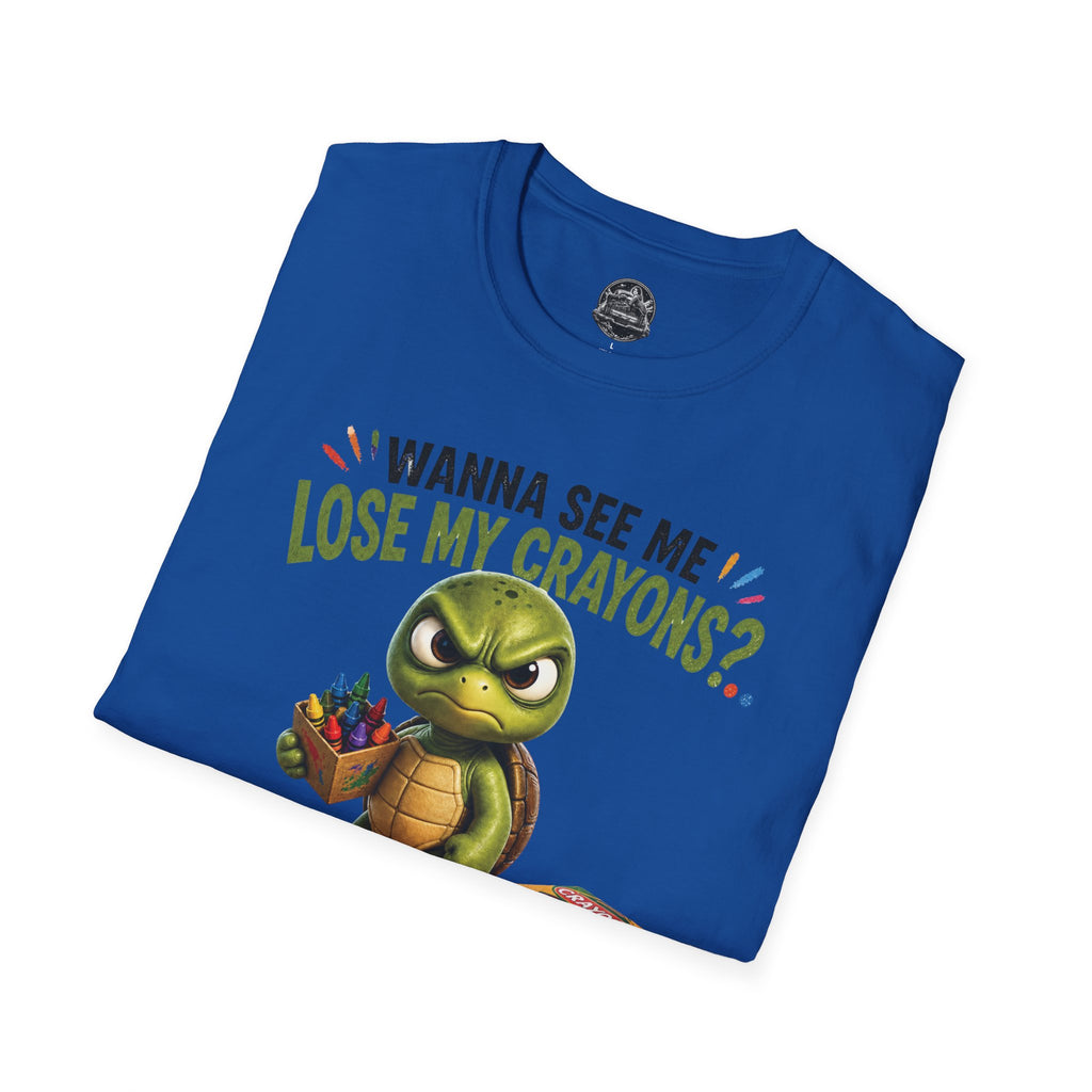 Funny Angry Turtle T-Shirt — “Wanna See Me Lose My Crayons? Do That Again…” — Teacher & Art Lover Tee