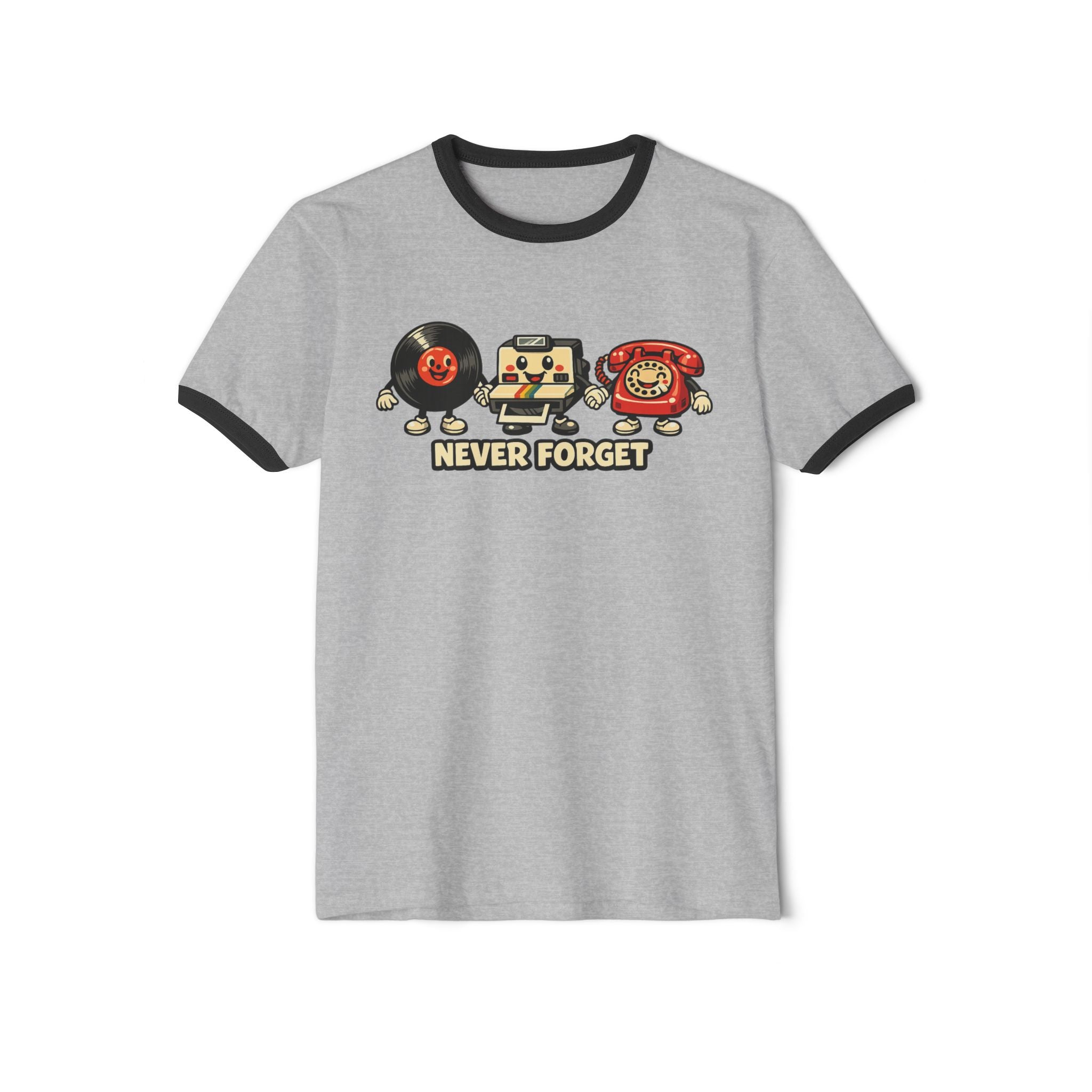 Retro Tech Ringer Tee — "Never Forget" Vinyl, Floppy Disk & Rotary Phone Graphic