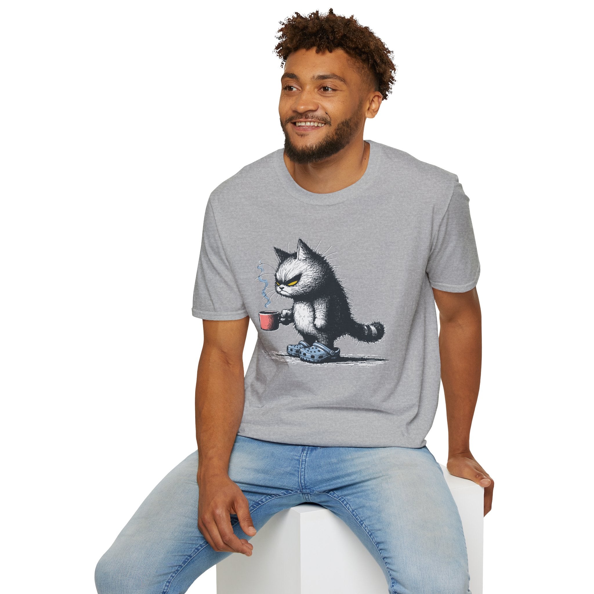 Cat Coffee T-Shirt — Grumpy Cat Holding Mug Illustration