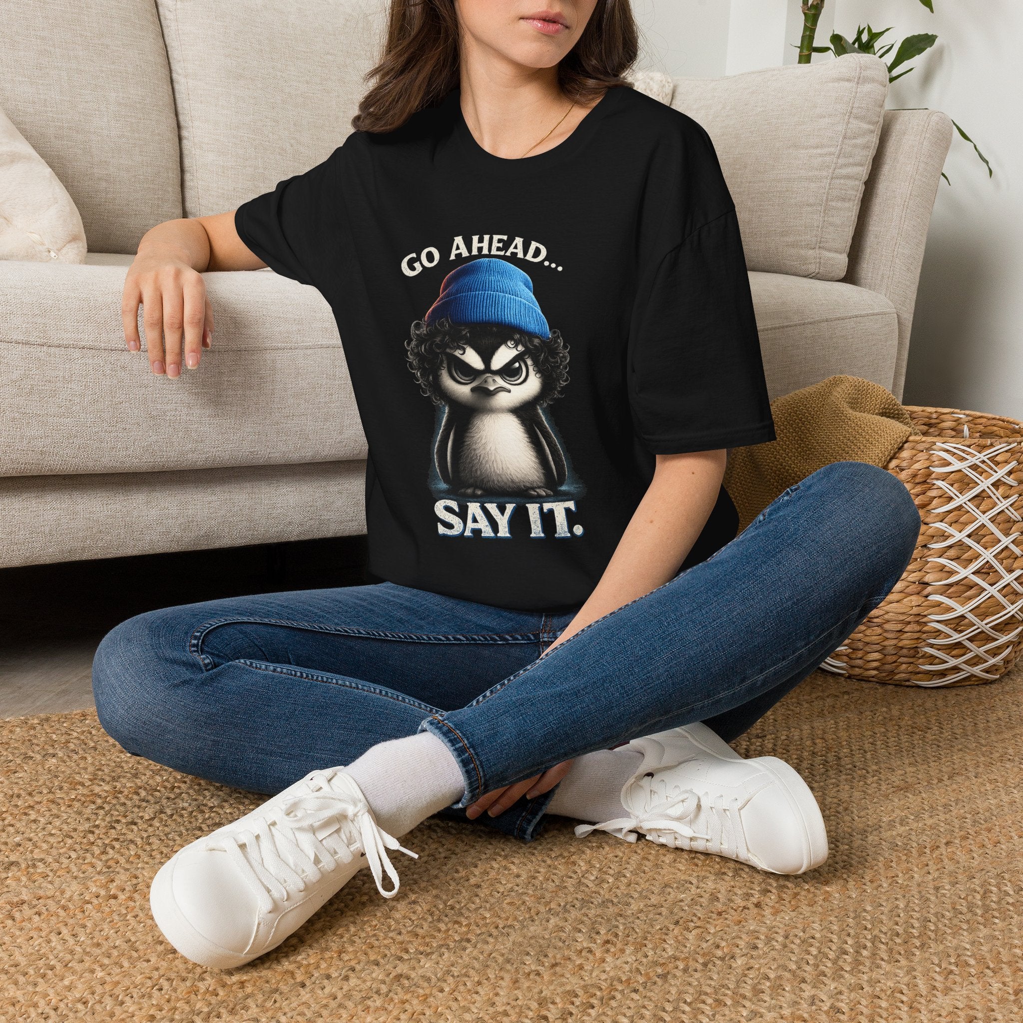 Penguin Graphic T-Shirt — "Go Ahead... Say It." Casual Statement Tee