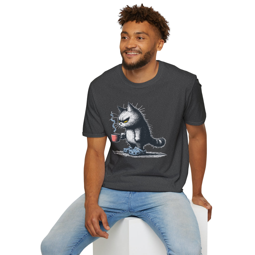 Cat Coffee T-Shirt — Grumpy Cat Holding Mug Illustration
