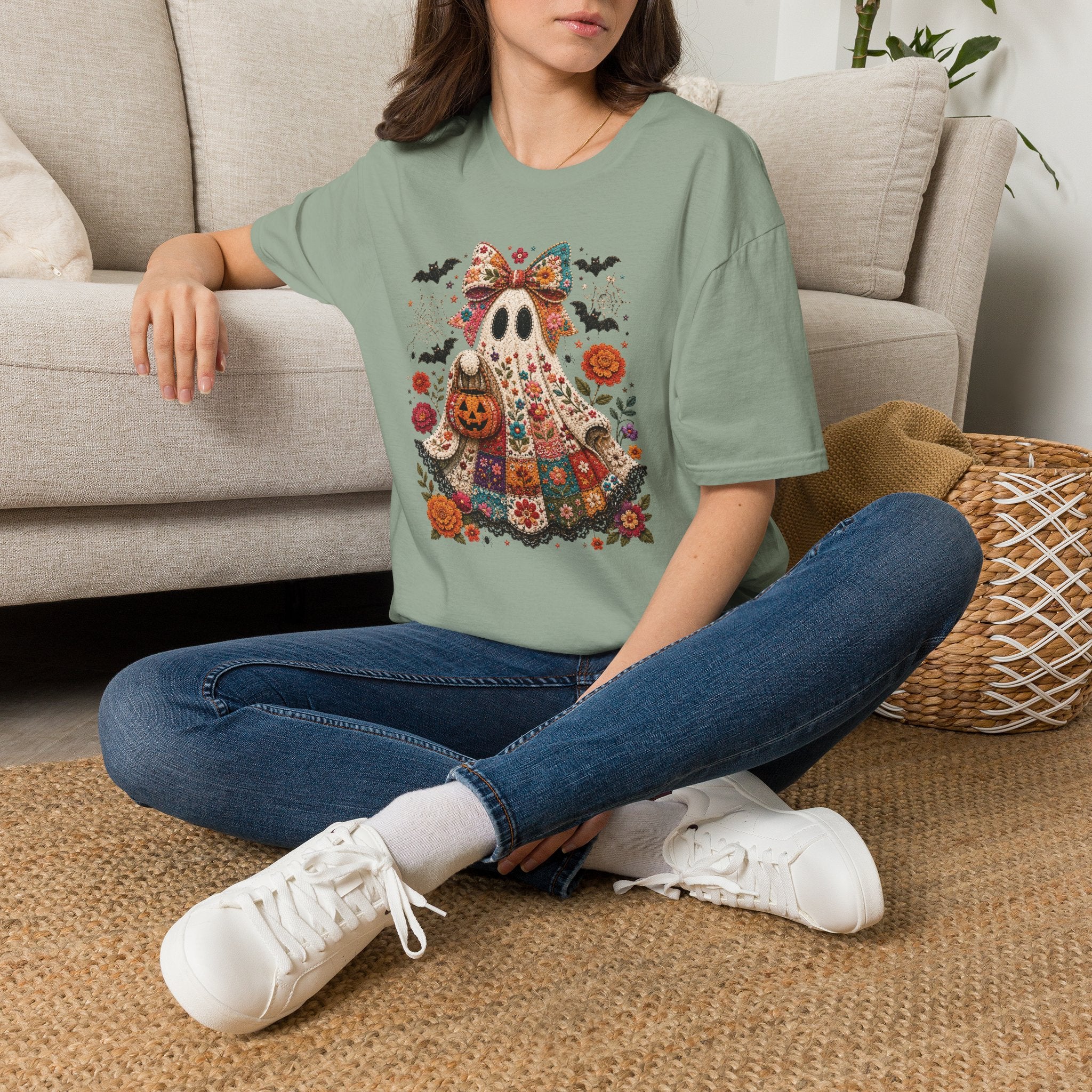 Patchwork Floral Ghost Halloween Shirt | Quilted Boho Ghost with Pumpkin and Bats
