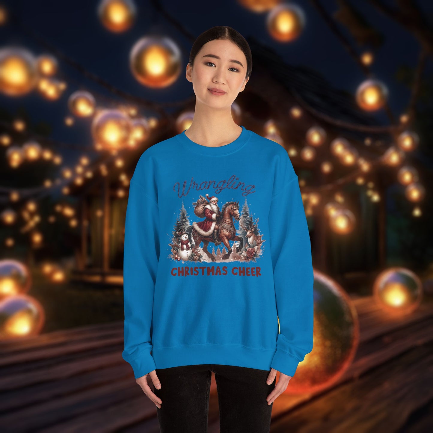 Christmas Western Sweatshirt with Santa on Horse and Snowman