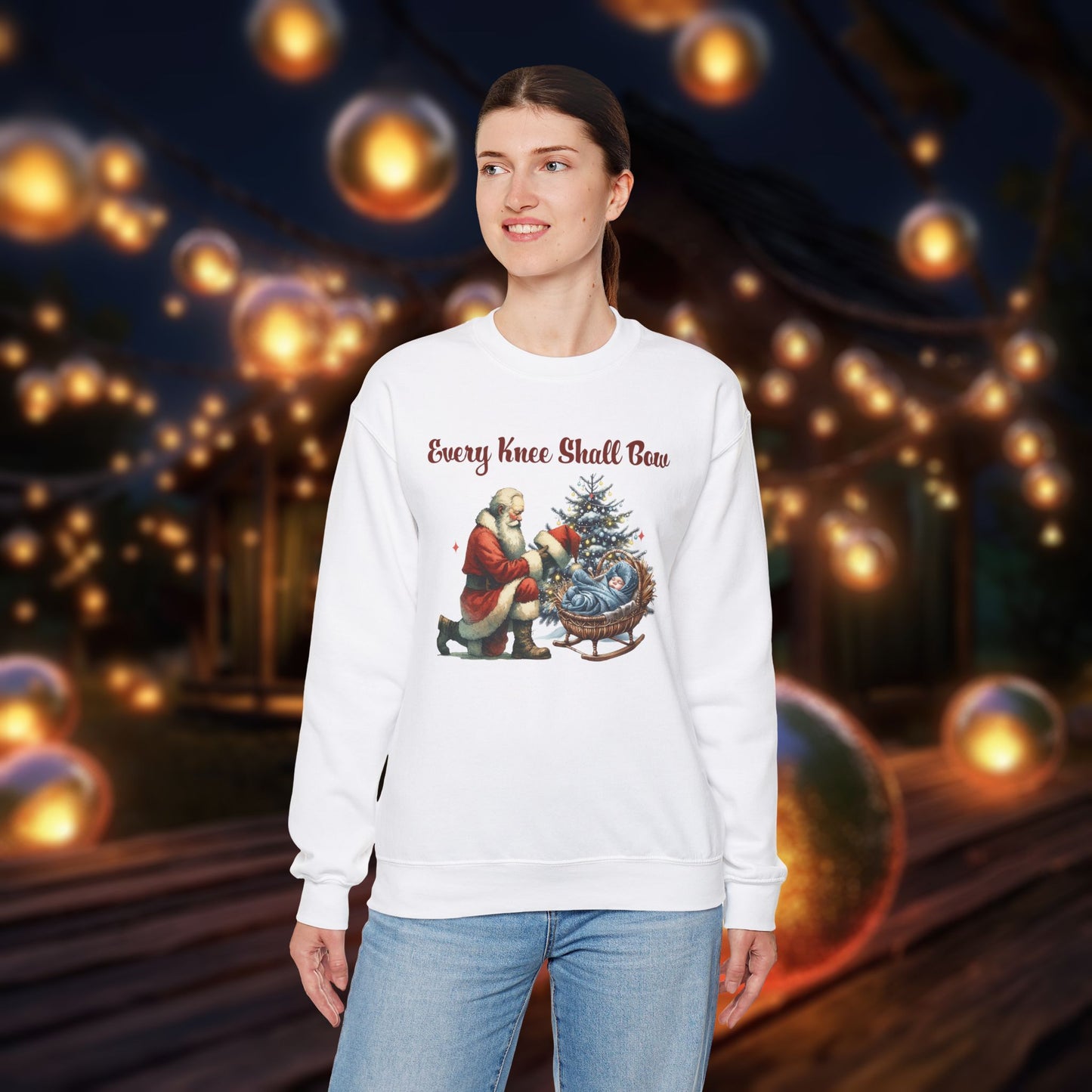 Saint Nicholas kneeling and paying homage to the Christ Child Sweatshirt - Every Knee Shall Bow