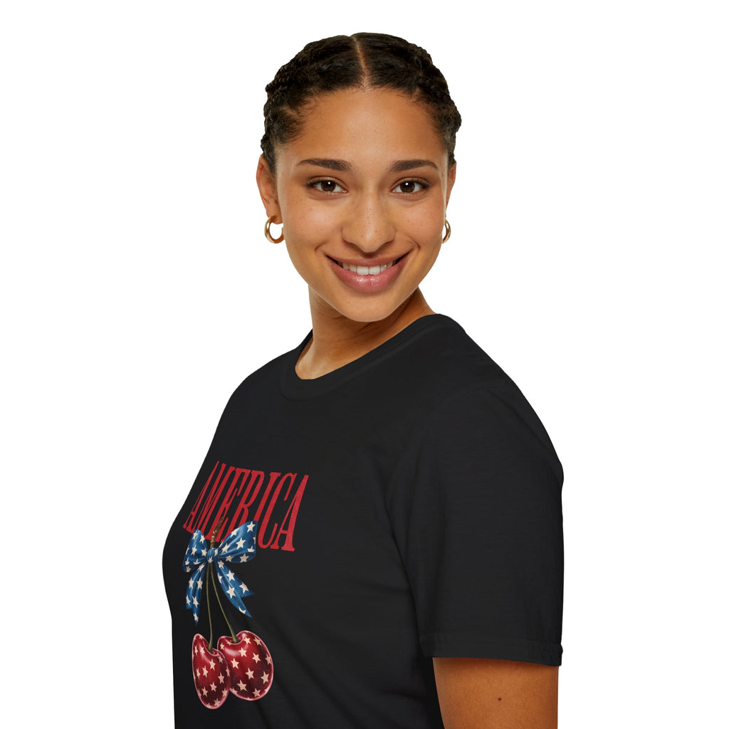 America Cherry Graphic T‑Shirt — Patriotic Stars & Stripes Bow Tee