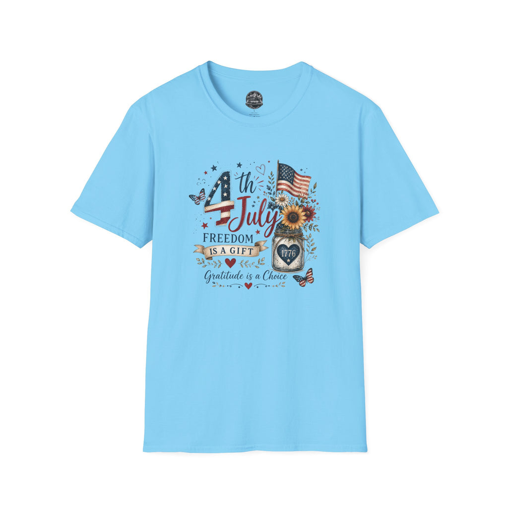 4th of July T-Shirt — "Freedom Is A Gift" Patriotic American Flag & Sunflower Tee
